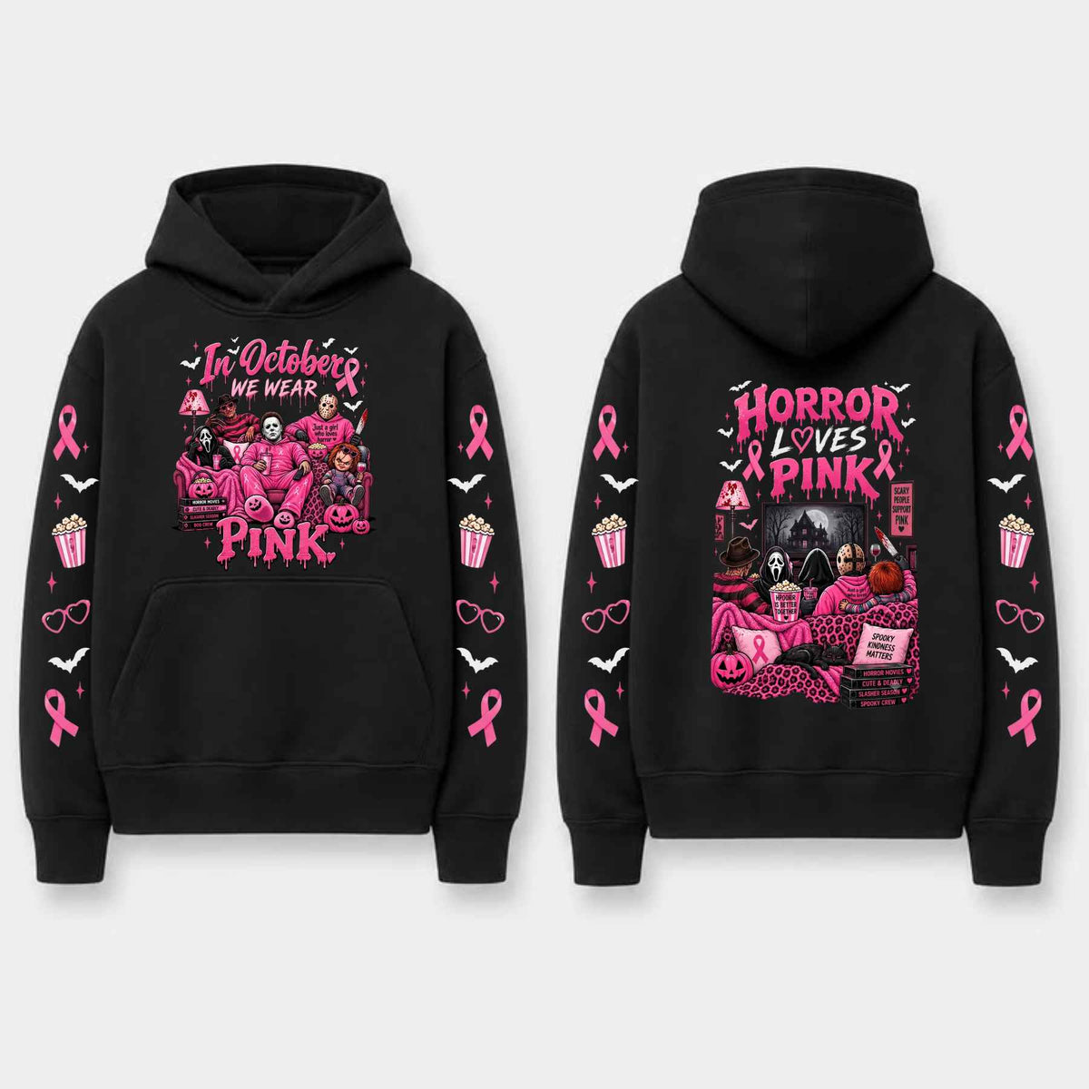 Unisex Pink Breast Cancer Awareness Horror Print Hoodie โ Scary Movie Character Graphic Pullover, Halloween Pink Ribbon Support Sweatshirt