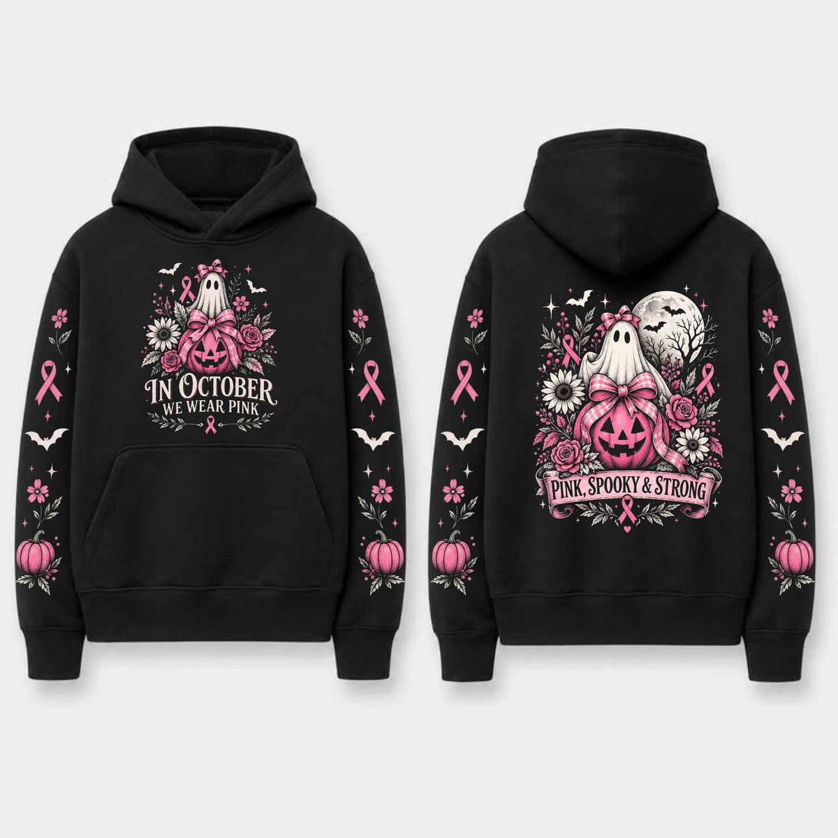 Unisex Pink Breast Cancer Awareness Horror Print Hoodie โ Scary Movie Character Graphic Pullover, Halloween Pink Ribbon Support Sweatshirt