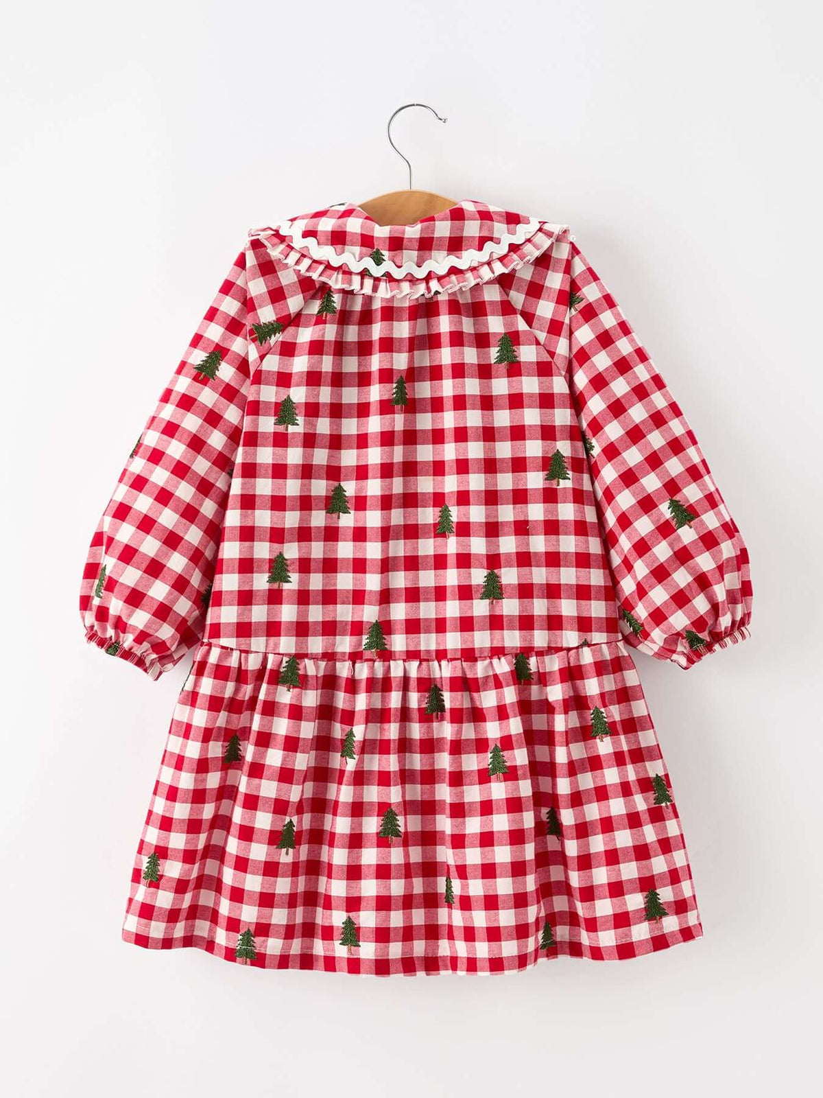 Christmas Tree Embroidered Plaid Girls Ruffle Collar Dress