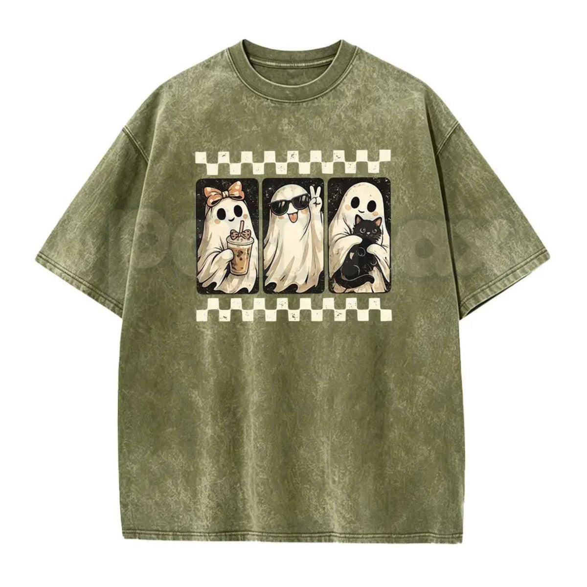 Spooky Theme Short Sleeve Tee โ Halloween Black Cat & Ghost Collage Graphic Shirt, Vintage Washed Lightweight Cotton Unisex Casual Wear