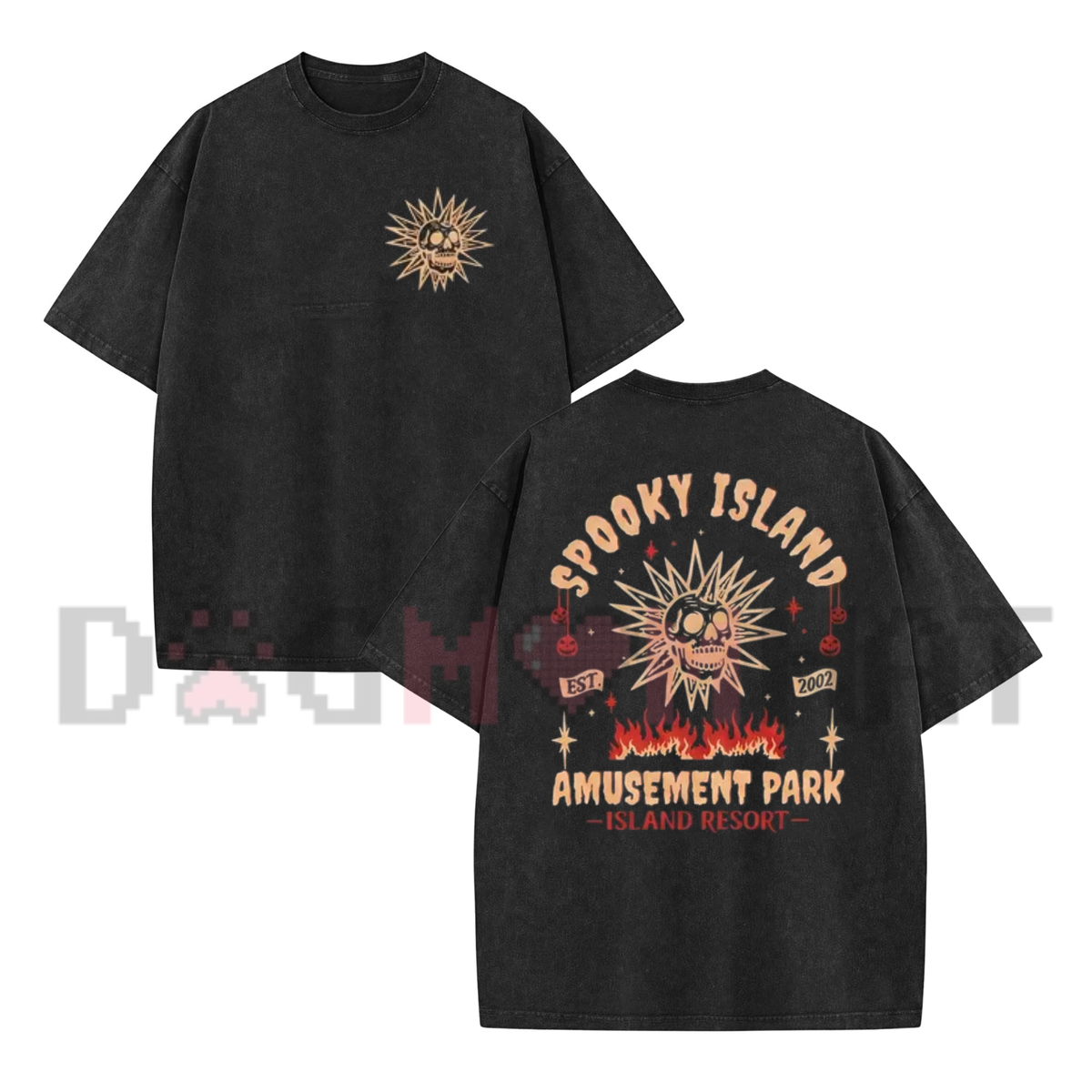 YoungFlame Spooky Island Acid Wash Oversized T-Shirt | Y2K Nostalgic Graphic Tee