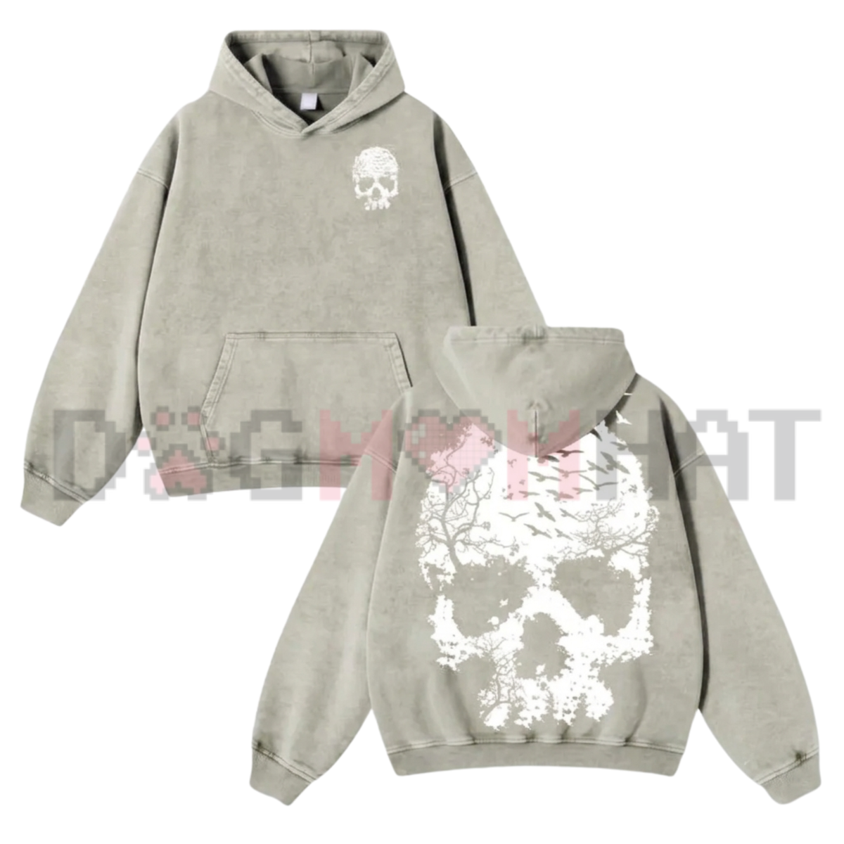 Vintage Washed Skull Print Oversized Fleece Hoodie