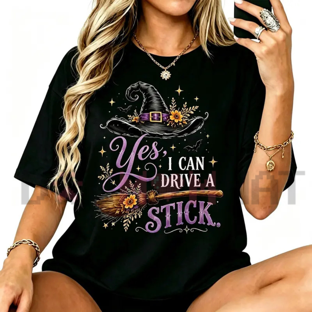 Women's "Yes I Can Drive A Stick" Funny Witch Halloween Graphic T-Shirt