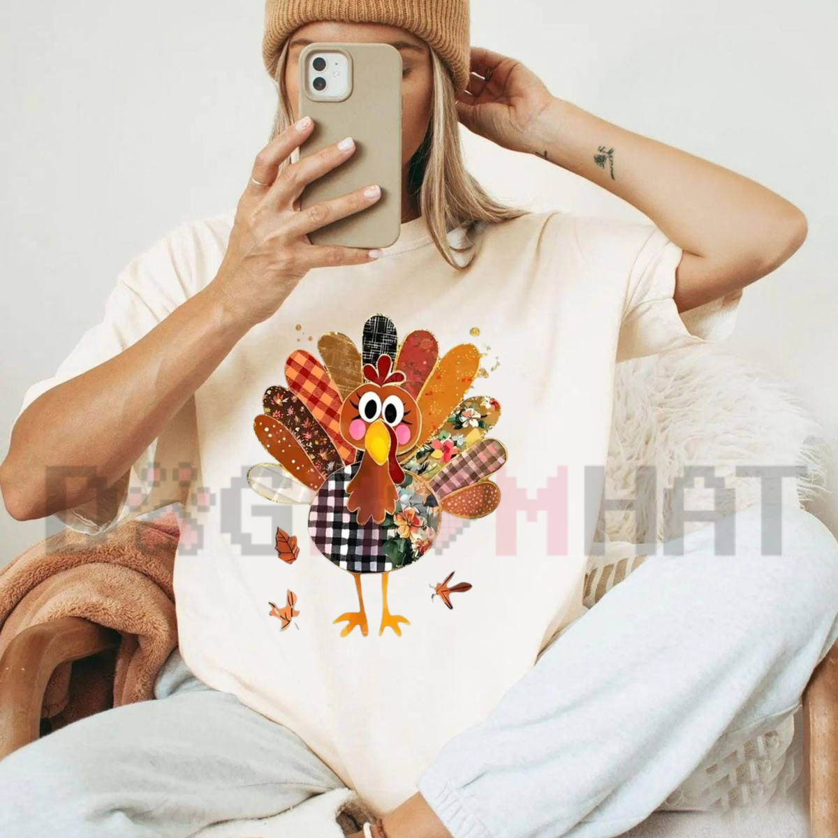 Thanksgiving Patchwork Turkey Mixed Print T-Shirt for Women