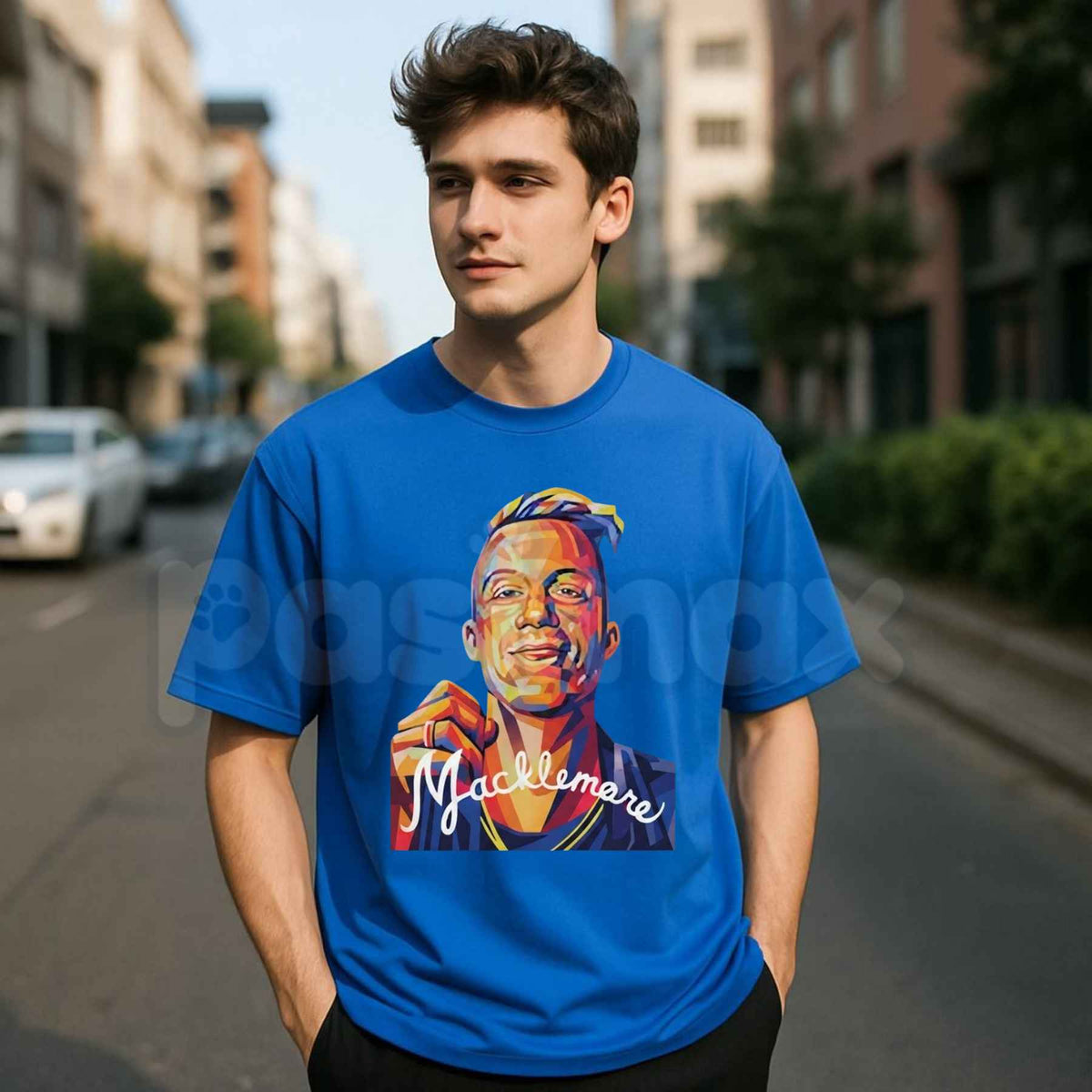 Color Geometric Macklemore Portrait Signature Print T-Shirt โ Retro Pop Art Unisex Tee