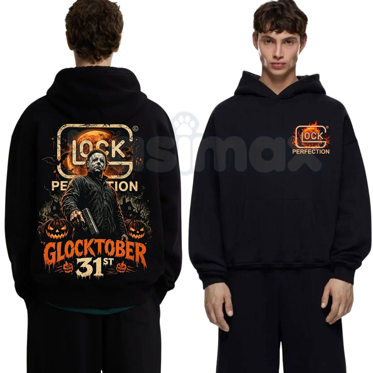 Michael Myers Glocktober 31st Double-Sided Graphic Hoodie โ Halloween Horror Tactical Slasher Pullover, Spooky Season Gun Humor Sweatshirt, Unisex Heavy Blend