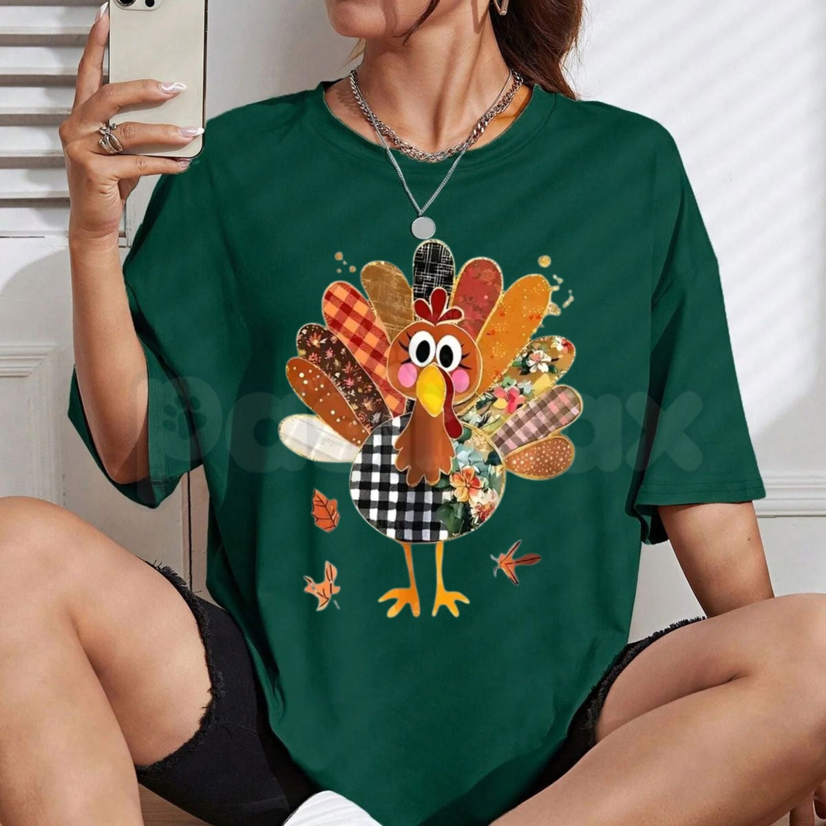 Thanksgiving Patchwork Turkey Shirt โ Cute Quilted Fall Holiday Family Graphic Tee