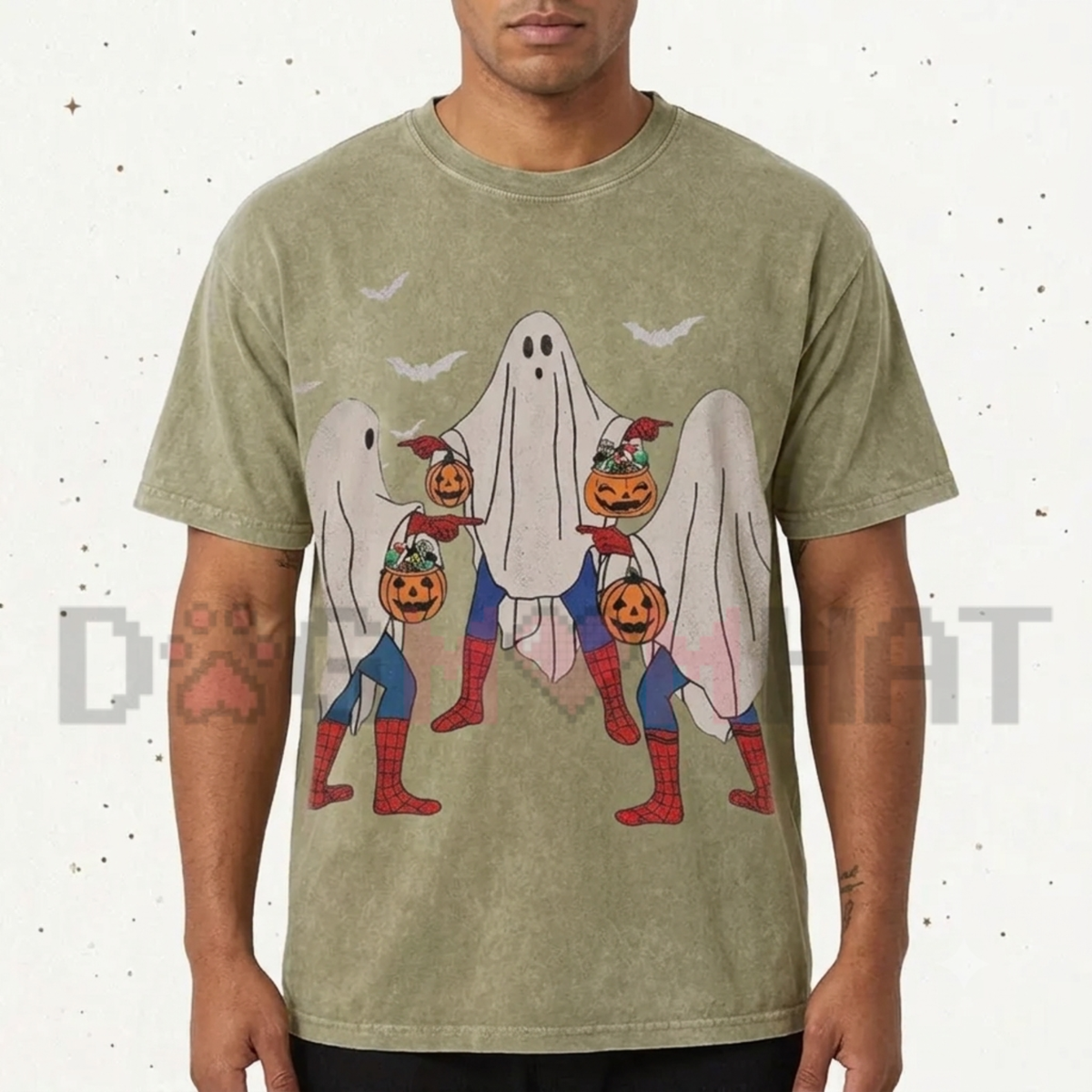 Bedsheet Ghost Pumpkin Vintage Washed Halloween Graphic T-Shirt