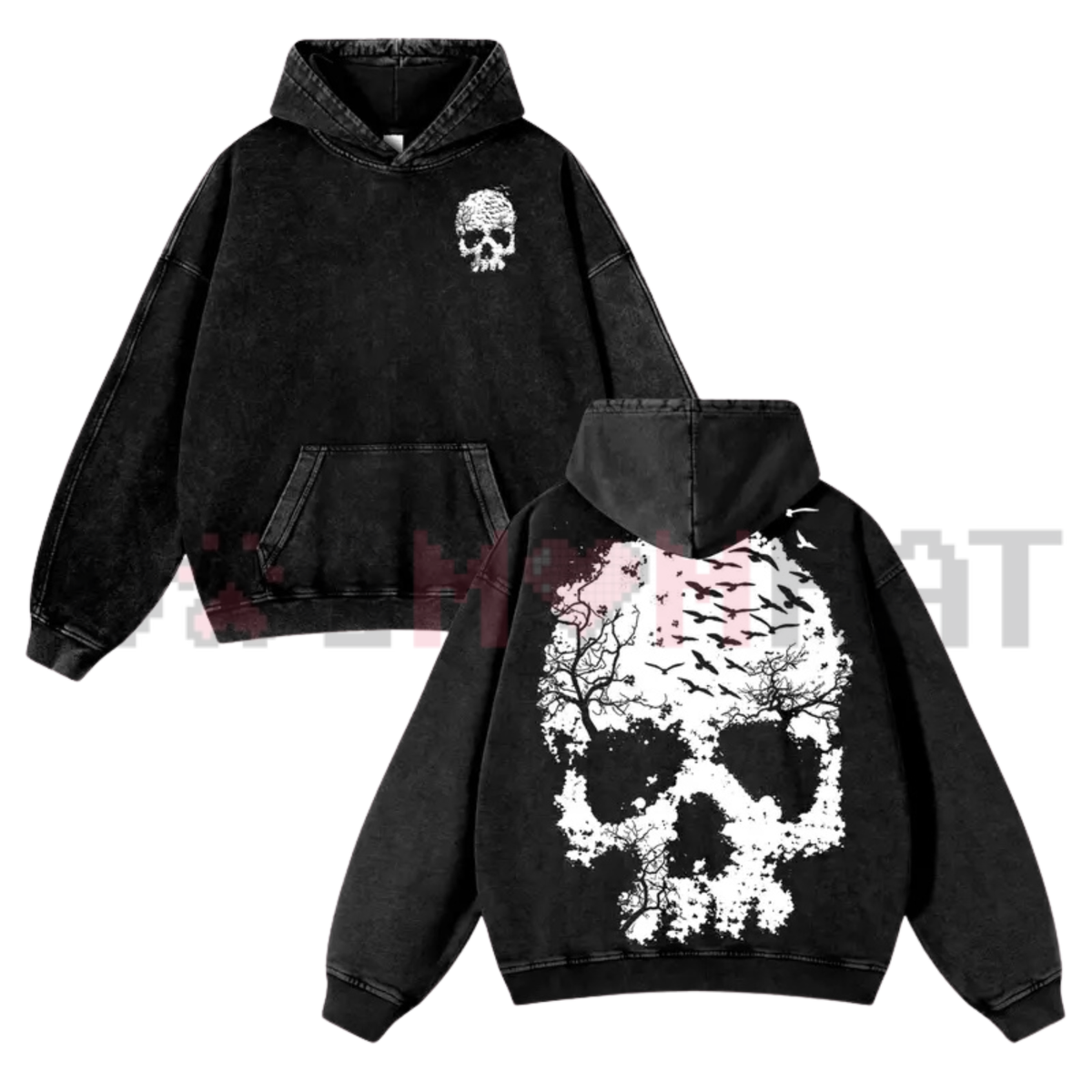 Vintage Washed Skull Print Oversized Fleece Hoodie
