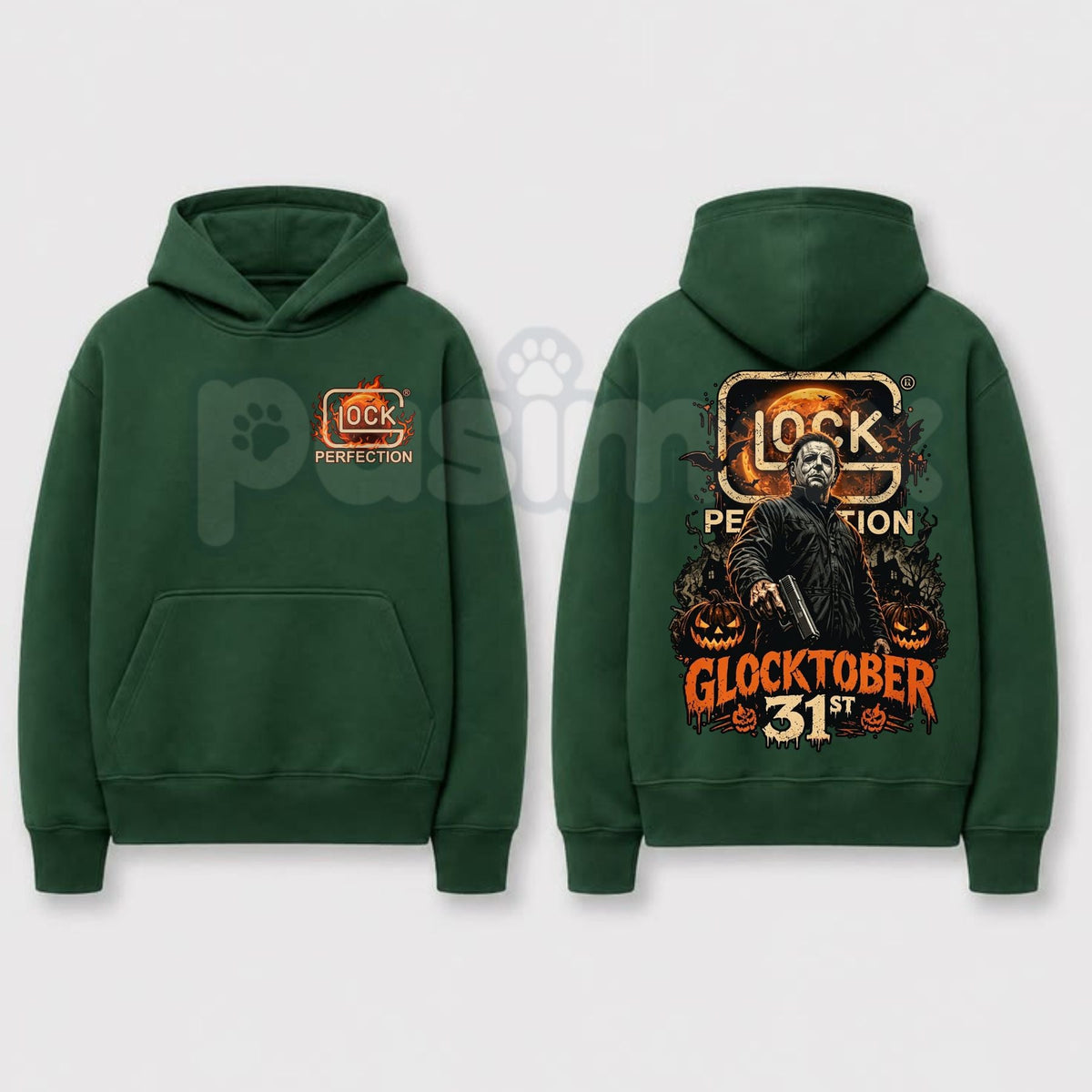 Michael Myers Glocktober 31st Double-Sided Graphic Hoodie โ Halloween Horror Tactical Slasher Pullover, Spooky Season Gun Humor Sweatshirt, Unisex Heavy Blend