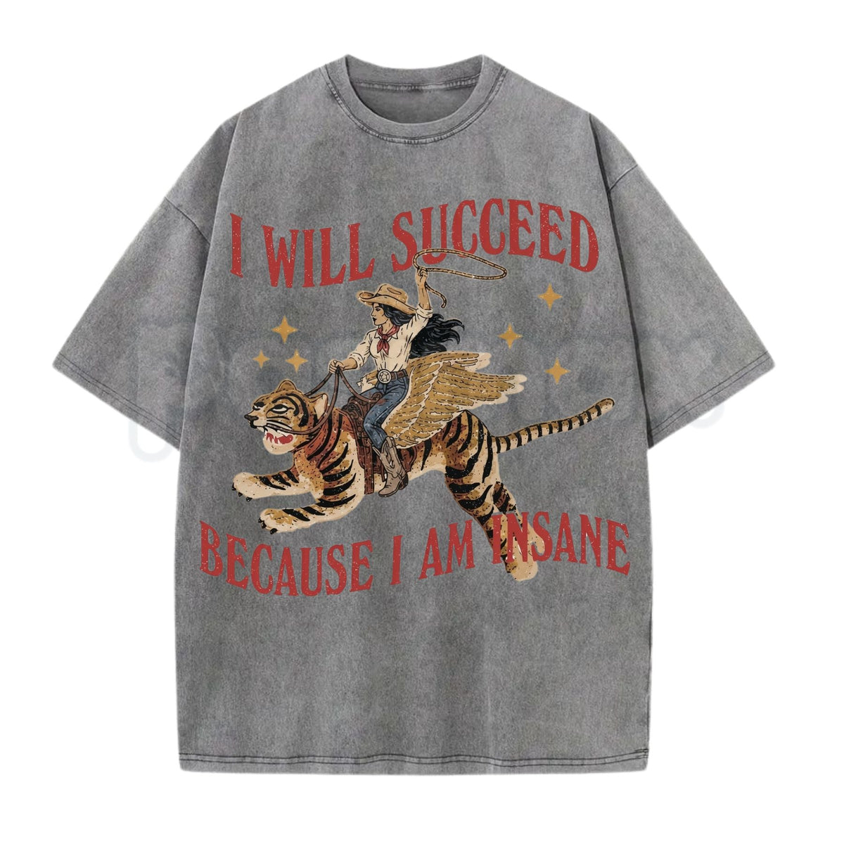 I Will Succeed Because I Am Insane Vintage Cowgirl Graphic Washed T-Shirt โ Retro Rodeo Western Graphic Tee, Acid Wash Lightweight Cotton Unisex Top