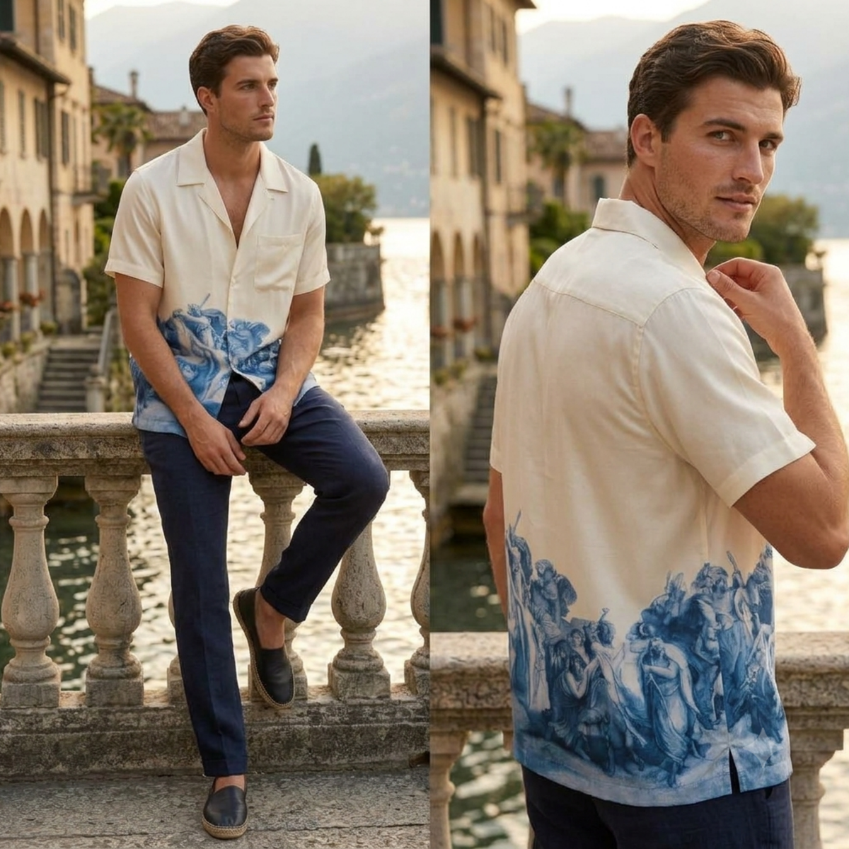 Vintage Greek Mythology Oil Painting Silk Hawaiian Camp Collar Shirt