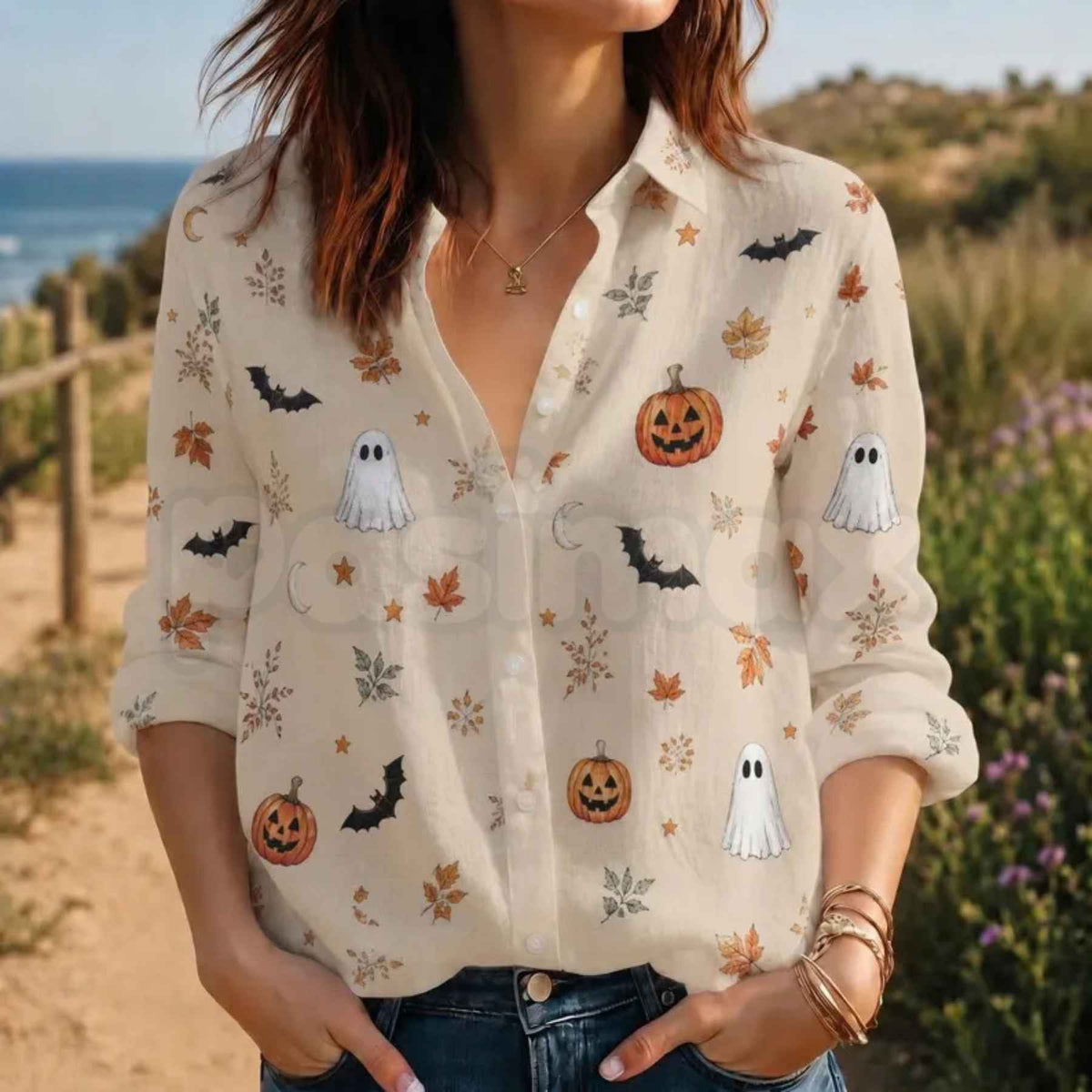Halloween Ghost Pumpkin Fall Blouse β Spooky Long Sleeve Top, Cute Autumn Leaves Apparel & Fall Festival Outfit