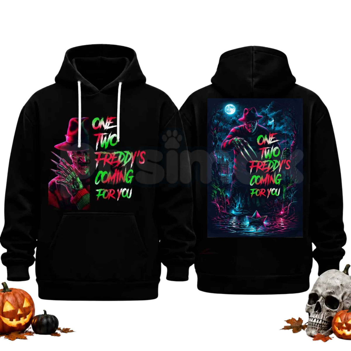 Unisex Horror Movie Villain Double Sided Graphic Hoodie โ Retro Neon Scary Character Pullover, Vintage Spooky Halloween Gift Sweatshirt