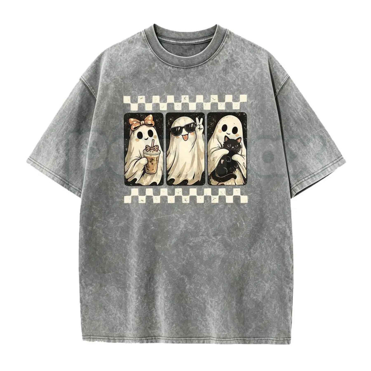 Spooky Theme Short Sleeve Tee โ Halloween Black Cat & Ghost Collage Graphic Shirt, Vintage Washed Lightweight Cotton Unisex Casual Wear