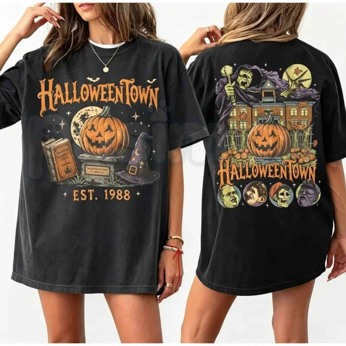 Vintage Pumpkin Witch Spooky Halloween Double-Sided T-Shirt โ Retro Gothic Unisex Cotton Tee