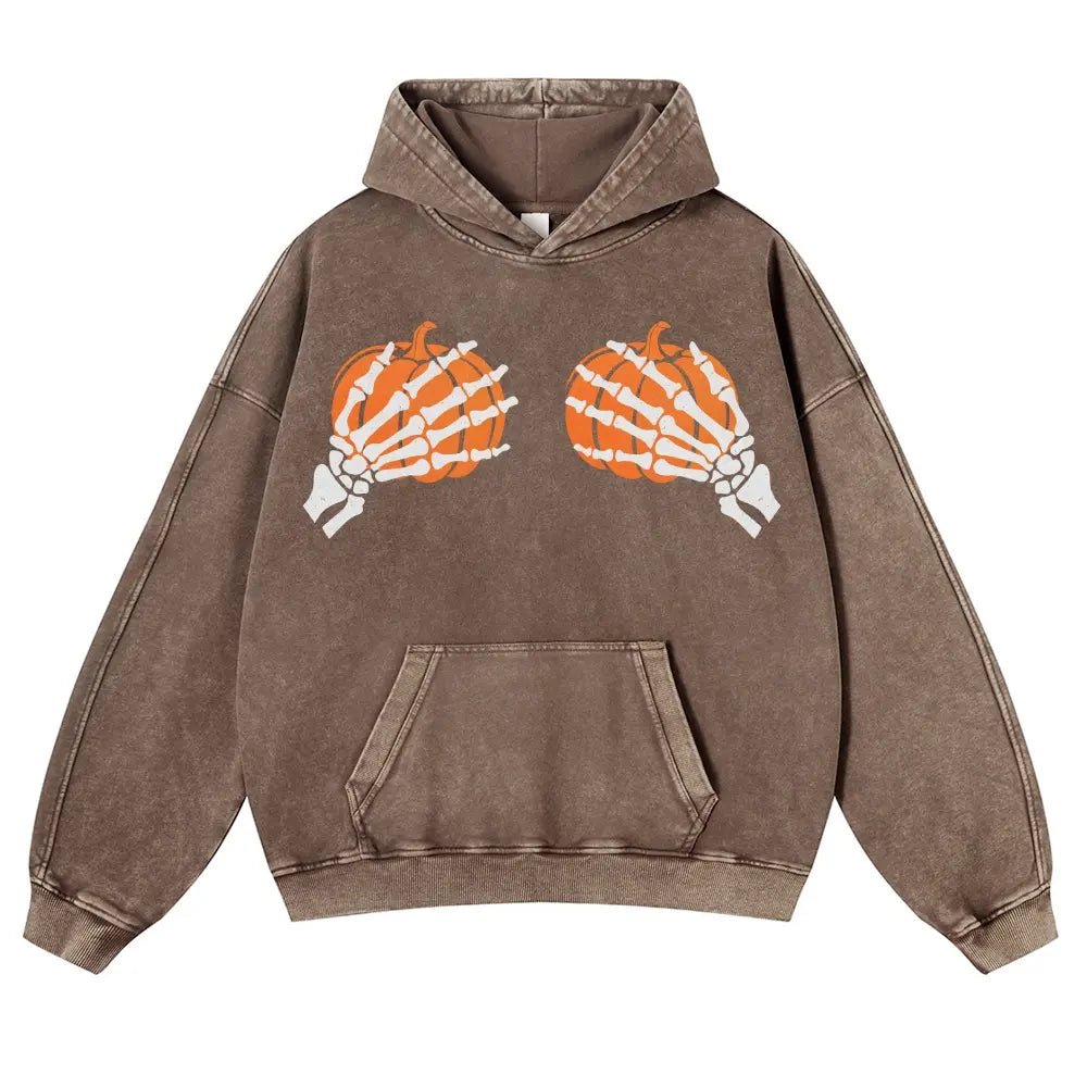 Skeleton Hands Holding Pumpkins Gothic Hoodie β Playful Meme Halloween Aesthetic Washed Pullover