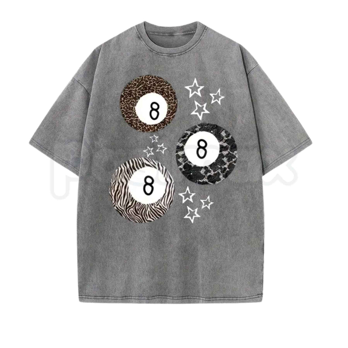 8 Ball Leopard and Stars Print T-Shirt โ Retro Y2K Graphic Tee, Vintage Acid Washed Soft Breathable Cotton Unisex Streetwear Top