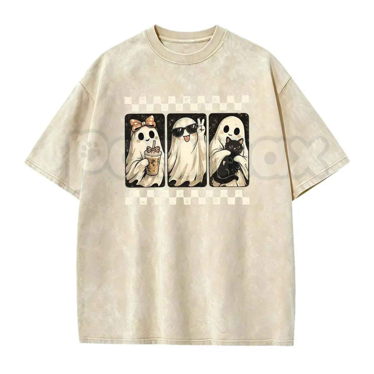 Spooky Theme Short Sleeve Tee โ Halloween Black Cat & Ghost Collage Graphic Shirt, Vintage Washed Lightweight Cotton Unisex Casual Wear