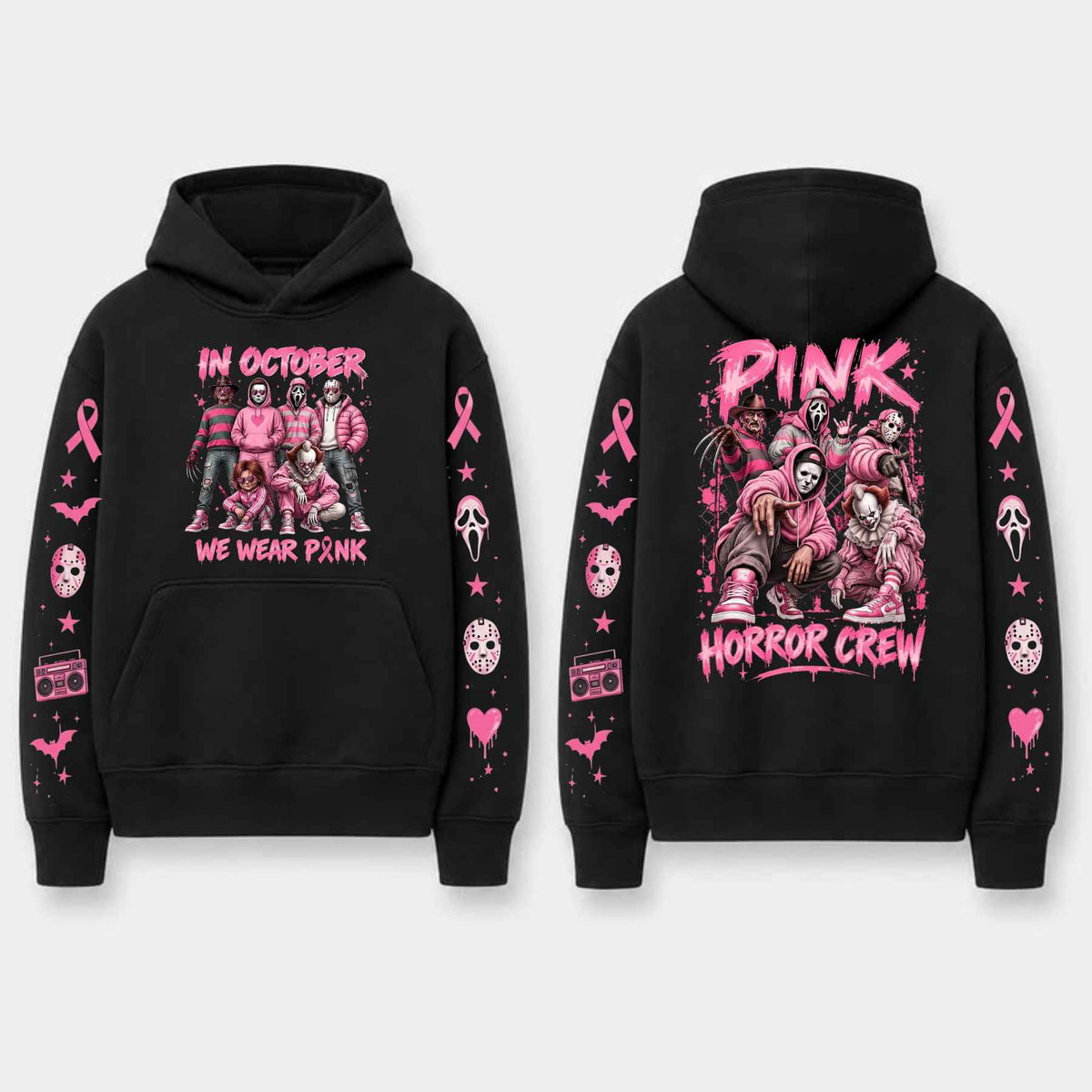 Unisex Pink Breast Cancer Awareness Horror Print Hoodie โ Scary Movie Character Graphic Pullover, Halloween Pink Ribbon Support Sweatshirt
