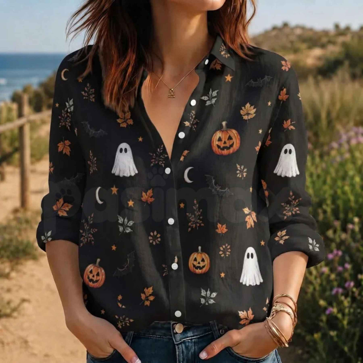 Halloween Ghost Pumpkin Fall Blouse β Spooky Long Sleeve Top, Cute Autumn Leaves Apparel & Fall Festival Outfit
