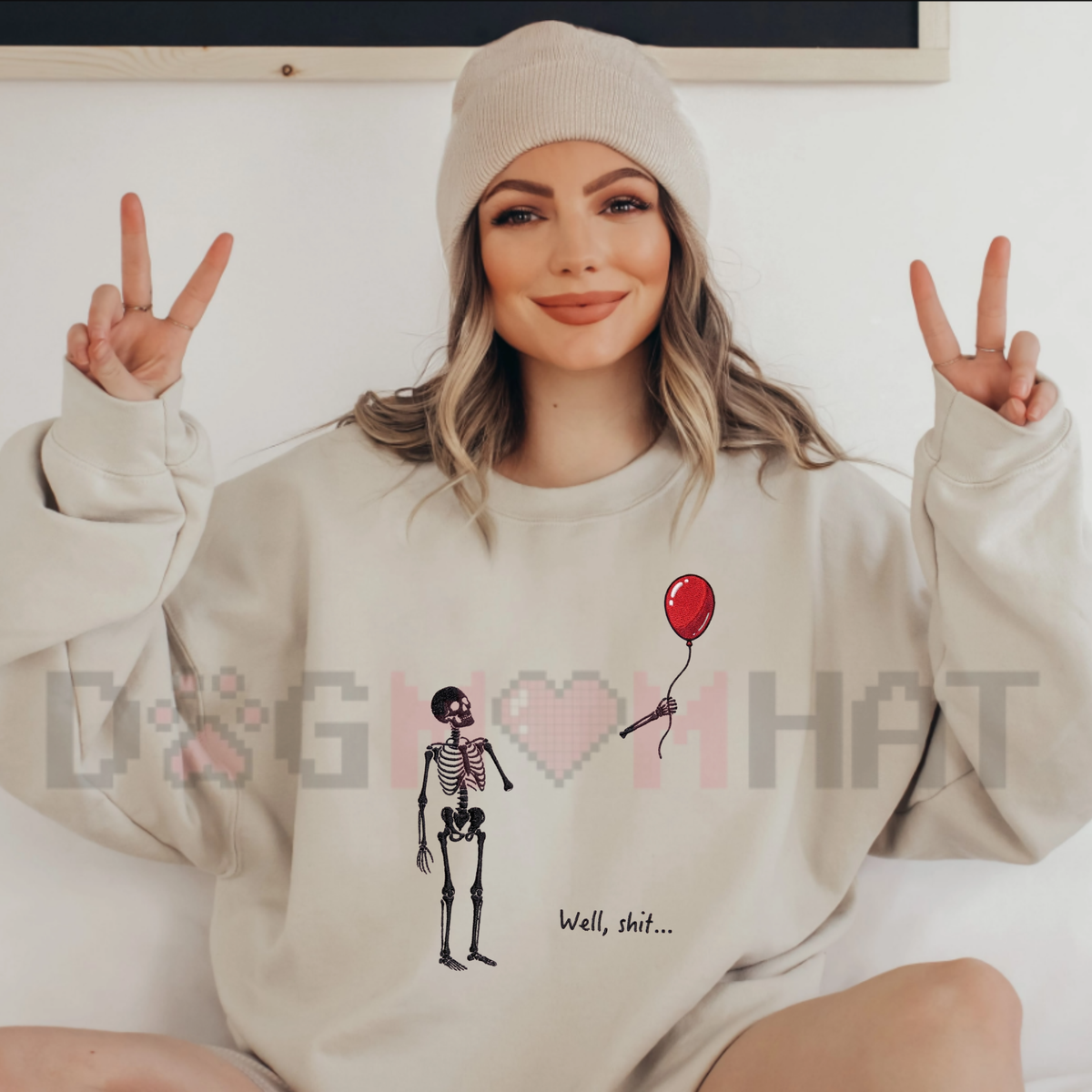 "Well Shit" Skeleton Balloon Embroidered Sweatshirt - Funny Dark Humor Crewneck Pullover