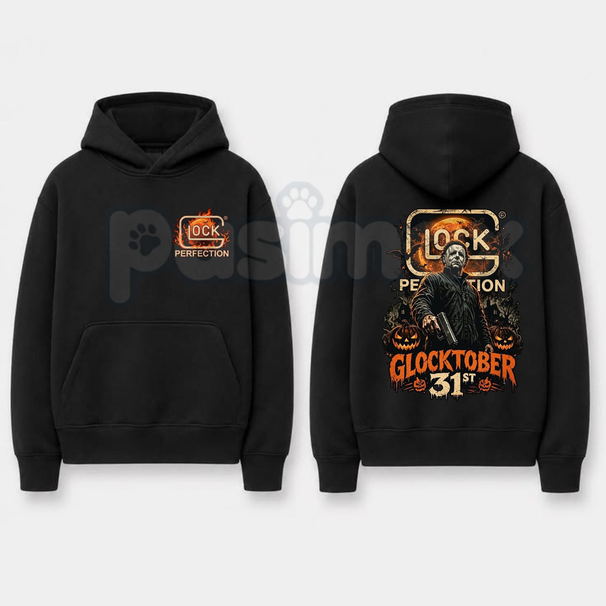 Michael Myers Glocktober 31st Double-Sided Graphic Hoodie โ Halloween Horror Tactical Slasher Pullover, Spooky Season Gun Humor Sweatshirt, Unisex Heavy Blend