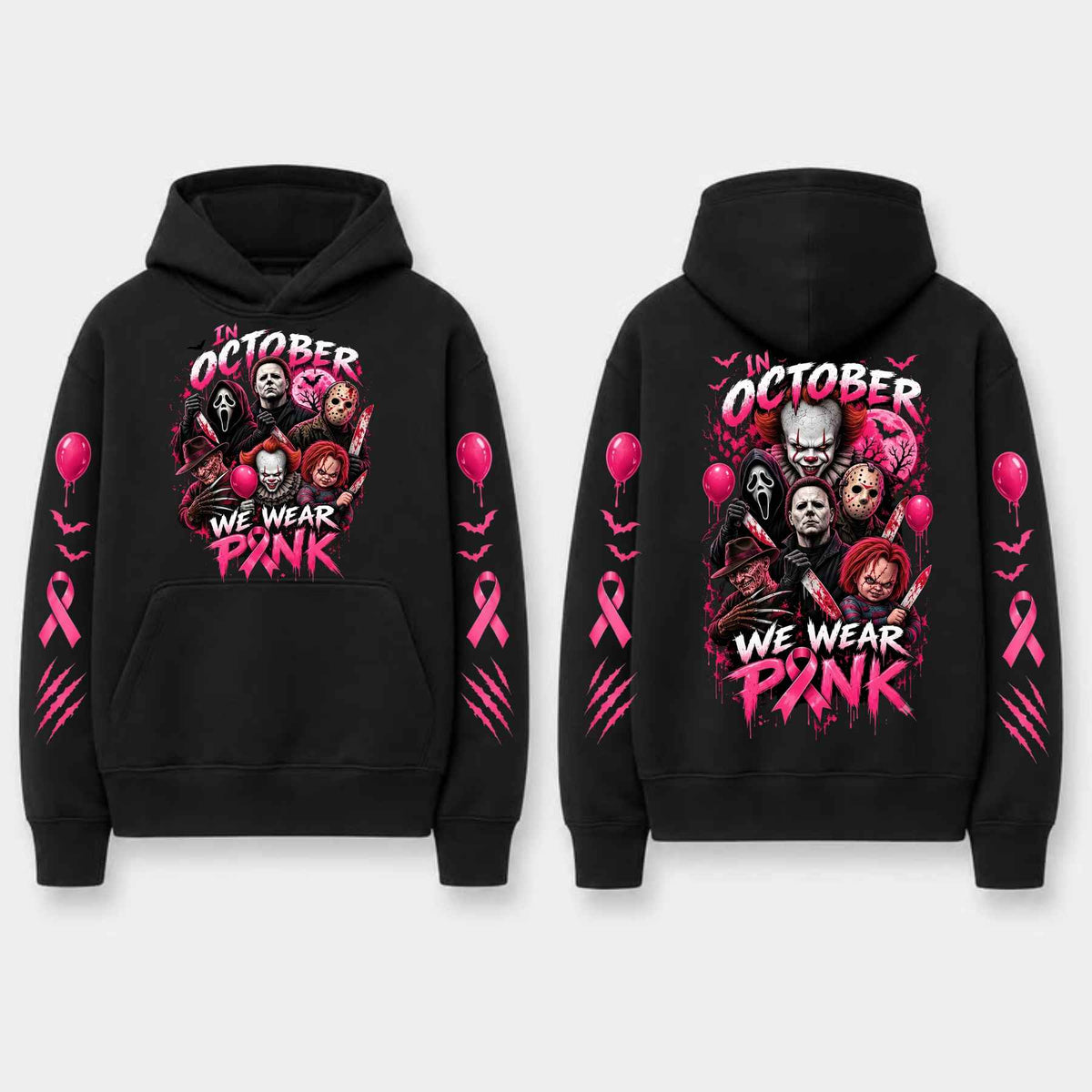 Unisex Pink Breast Cancer Awareness Horror Print Hoodie โ Scary Movie Character Graphic Pullover, Halloween Pink Ribbon Support Sweatshirt