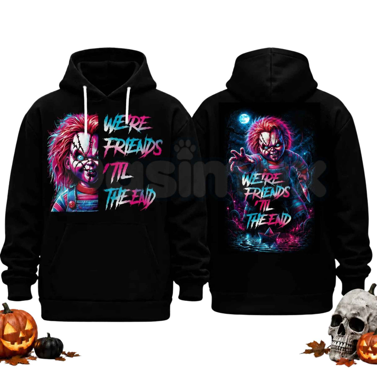Unisex Horror Movie Villain Double Sided Graphic Hoodie โ Retro Neon Scary Character Pullover, Vintage Spooky Halloween Gift Sweatshirt