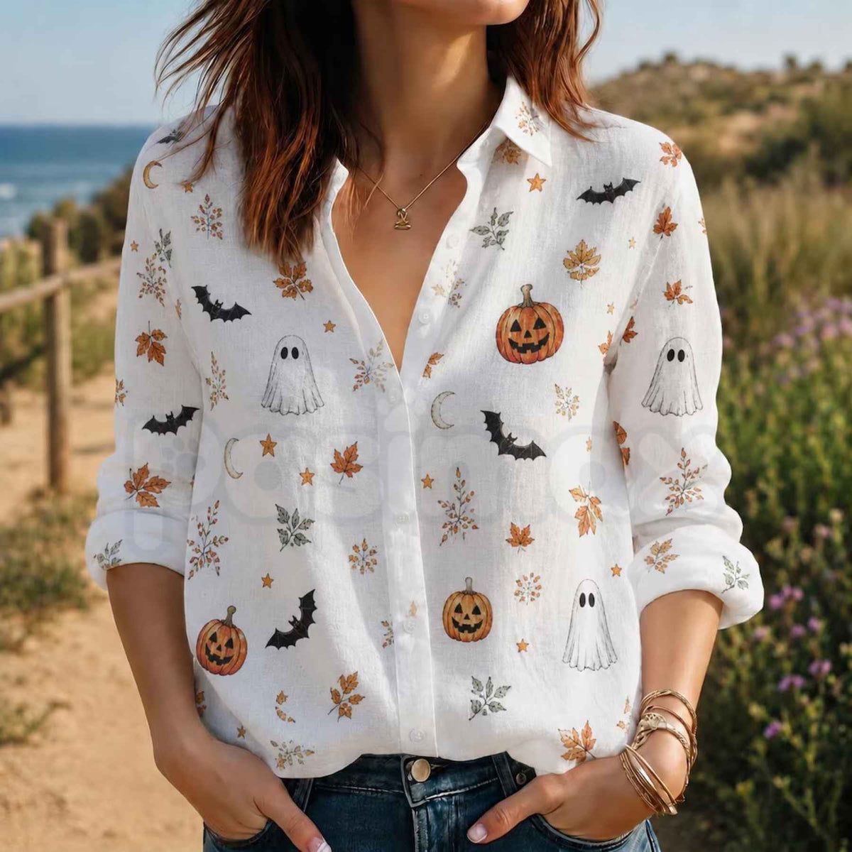 Halloween Ghost Pumpkin Fall Blouse β Spooky Long Sleeve Top, Cute Autumn Leaves Apparel & Fall Festival Outfit