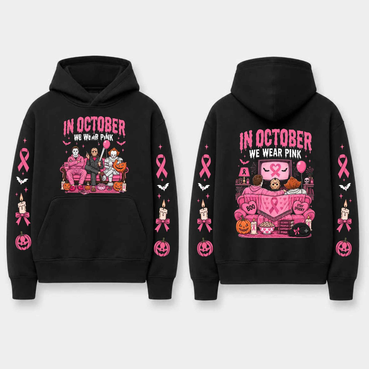 Unisex Pink Breast Cancer Awareness Horror Print Hoodie โ Scary Movie Character Graphic Pullover, Halloween Pink Ribbon Support Sweatshirt