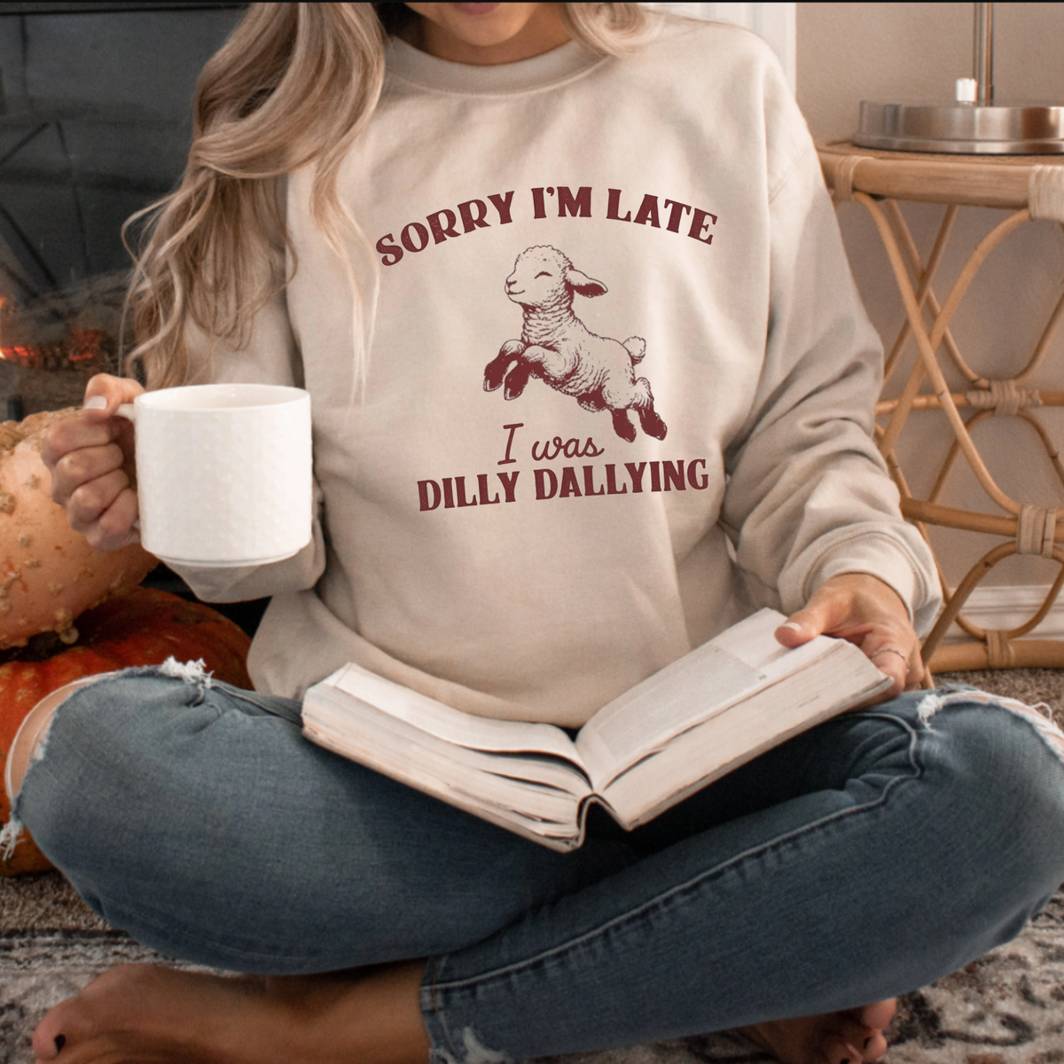 Dilly Dally Meadow Crewneck – "Sorry I'm Late I Was Dilly Dallying" Baby Sheep Sweatshirt