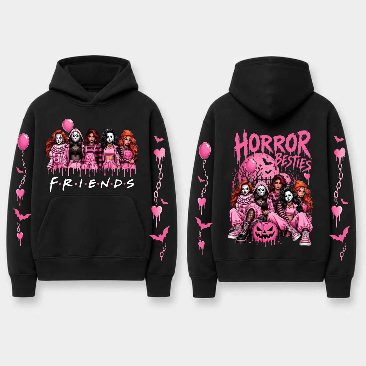 Unisex Pink Breast Cancer Awareness Horror Print Hoodie โ Scary Movie Character Graphic Pullover, Halloween Pink Ribbon Support Sweatshirt