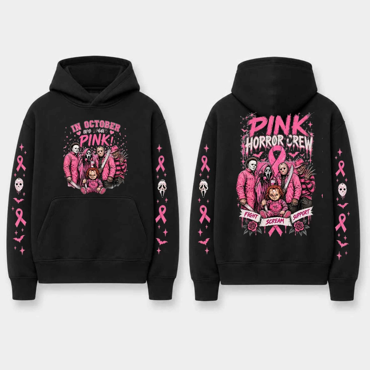 Unisex Pink Breast Cancer Awareness Horror Print Hoodie โ Scary Movie Character Graphic Pullover, Halloween Pink Ribbon Support Sweatshirt