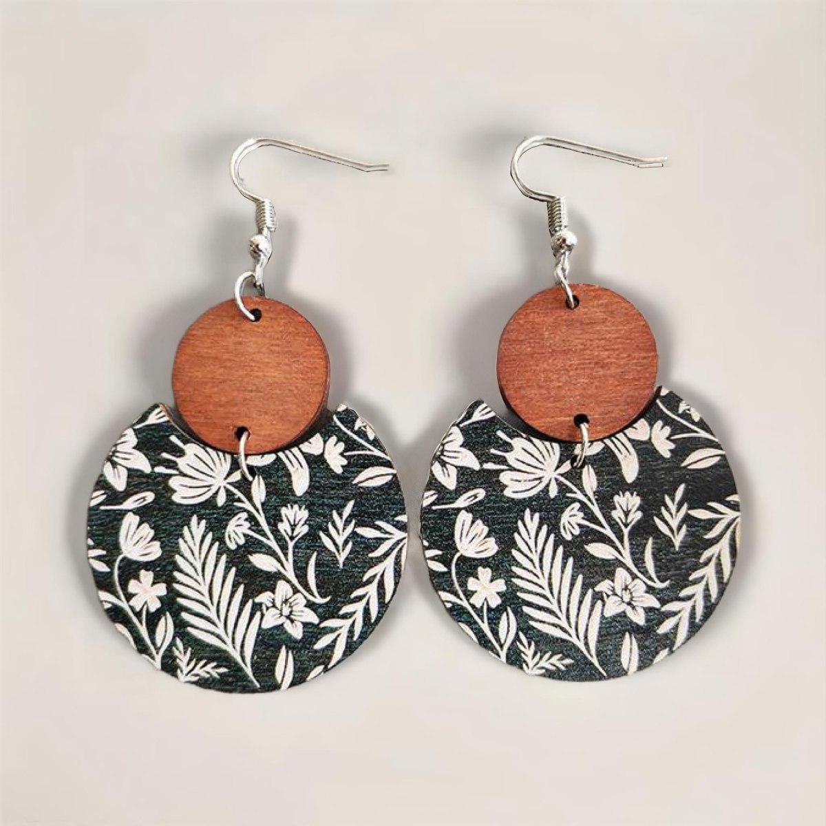 Beautiful Black and White Floral Wood Circle Earrings