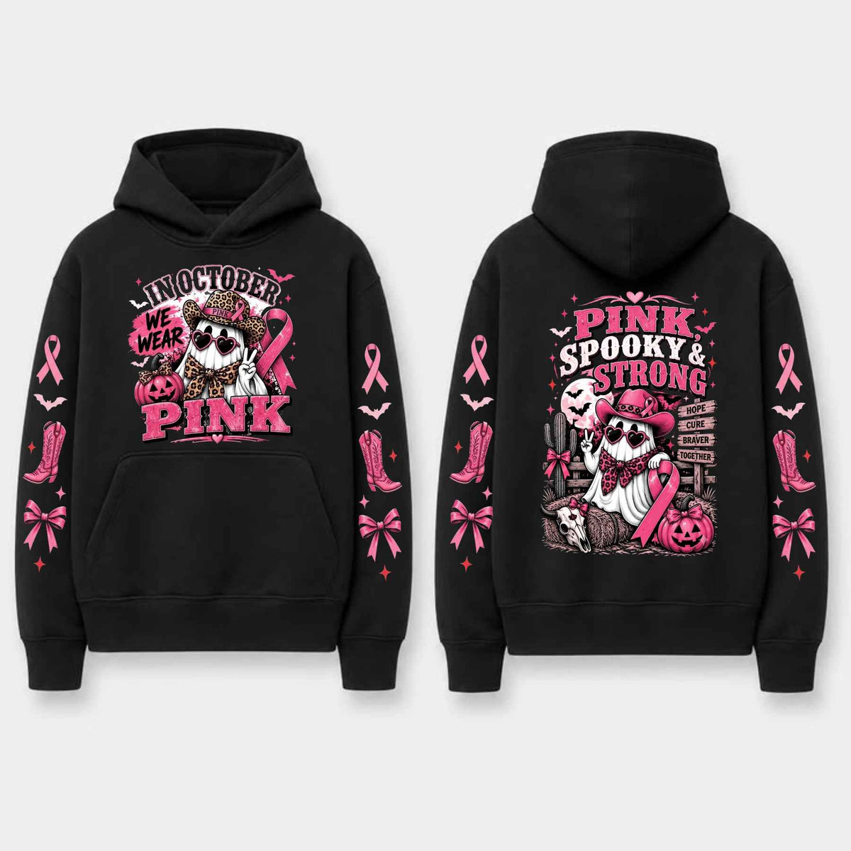 Unisex Pink Breast Cancer Awareness Horror Print Hoodie โ Scary Movie Character Graphic Pullover, Halloween Pink Ribbon Support Sweatshirt