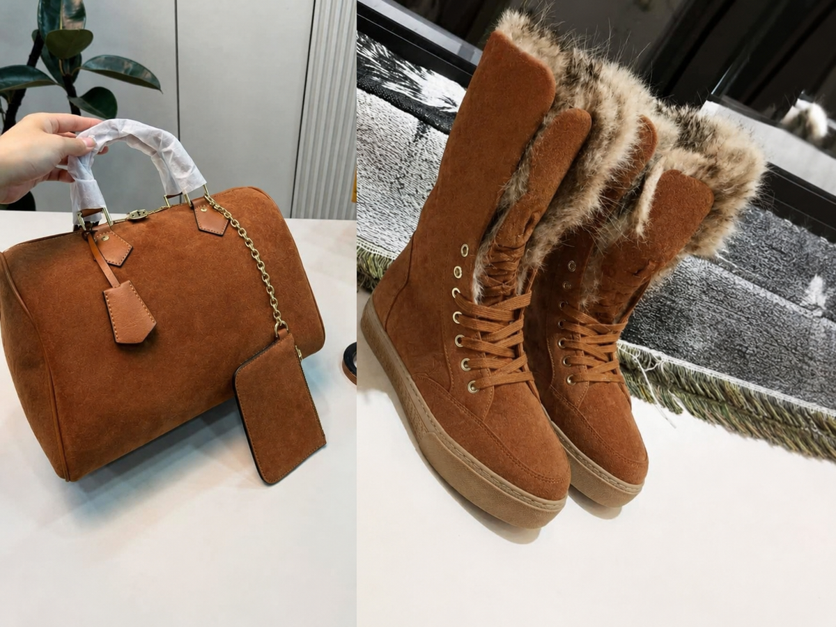 Suede Monogram Winter Set – Fur-Lined Boots + Matching Handbag (2-Piece Bundle)