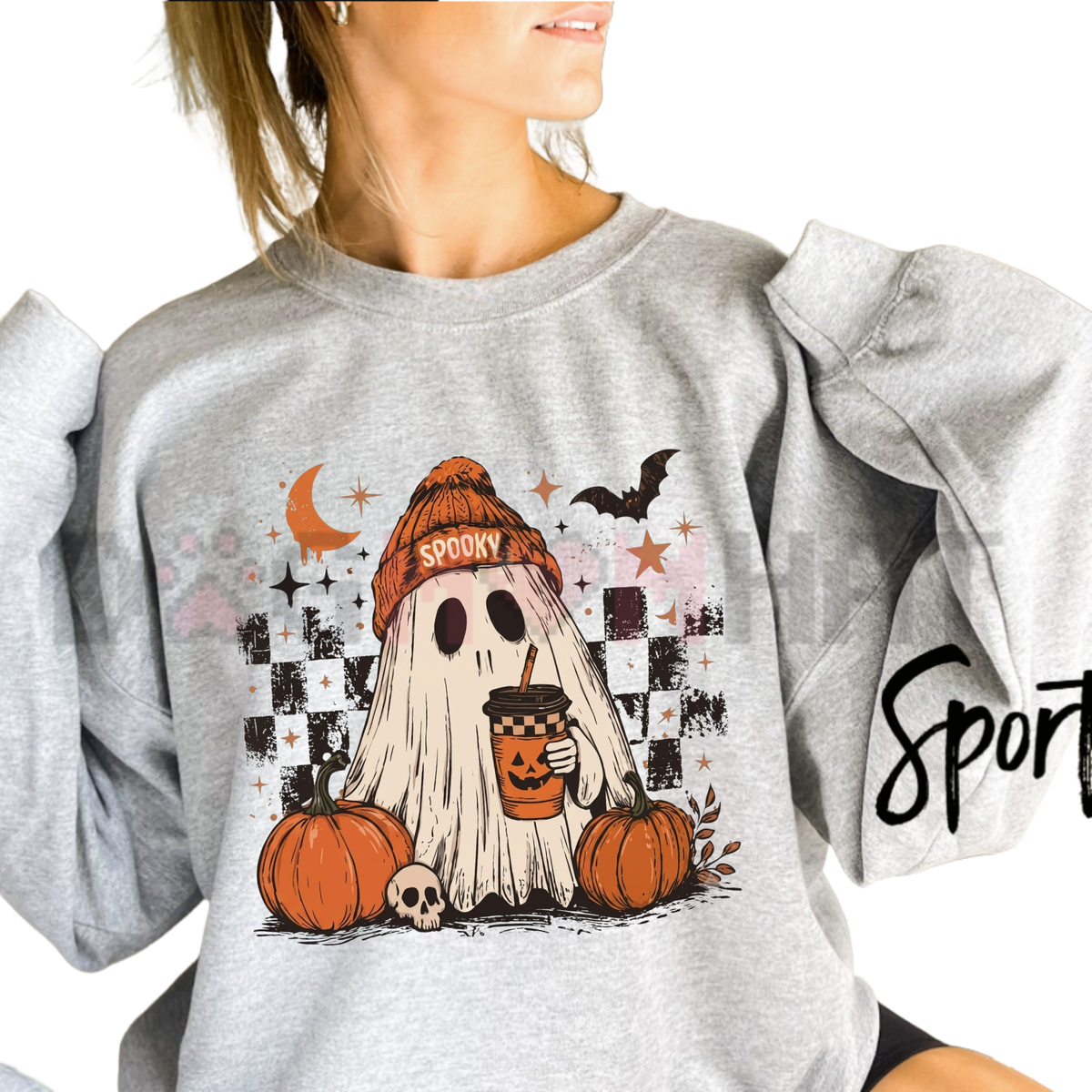 Spooky Grid Ghost Checkerboard Pullover - Cozy Retro Autumn Crewneck Sweatshirt