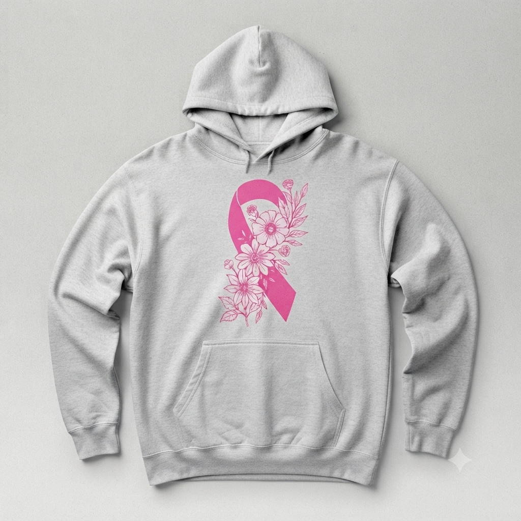 Breast Cancer Ribbon with Flowers Pullover Hoodie β Floral Breast Cancer Awareness Graphic Sweatshirt, Floral Pink Ribbon Support Pullover, Unisex Heavy Blend