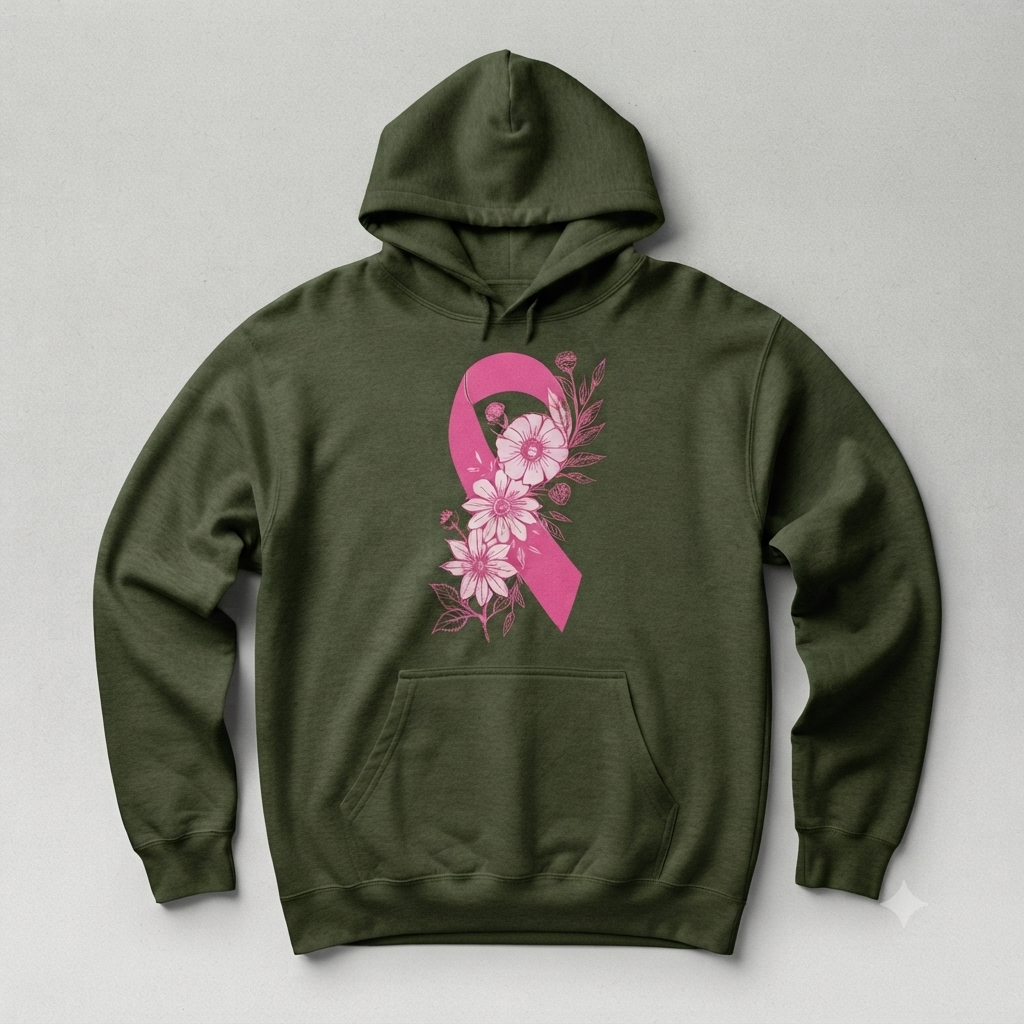 Breast Cancer Ribbon with Flowers Pullover Hoodie β Floral Breast Cancer Awareness Graphic Sweatshirt, Floral Pink Ribbon Support Pullover, Unisex Heavy Blend