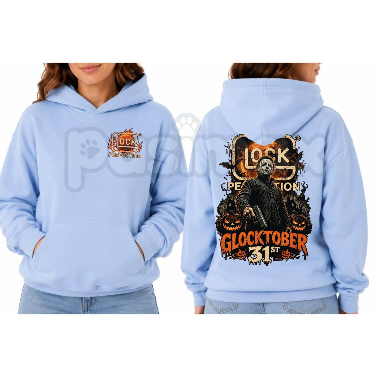 Michael Myers Glocktober 31st Double-Sided Graphic Hoodie โ Halloween Horror Tactical Slasher Pullover, Spooky Season Gun Humor Sweatshirt, Unisex Heavy Blend