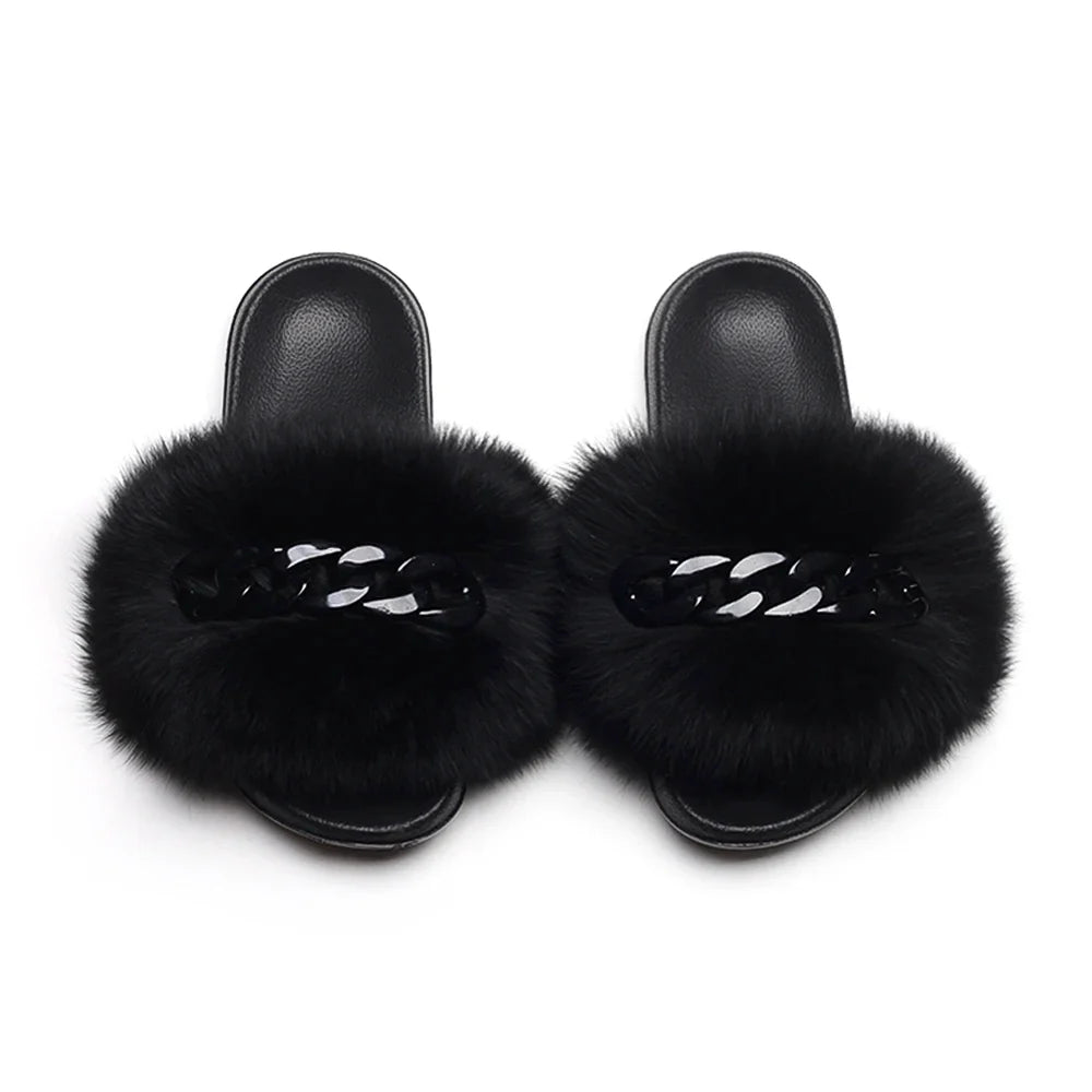 Women’s Fluffy Fox Fur Chain Slides