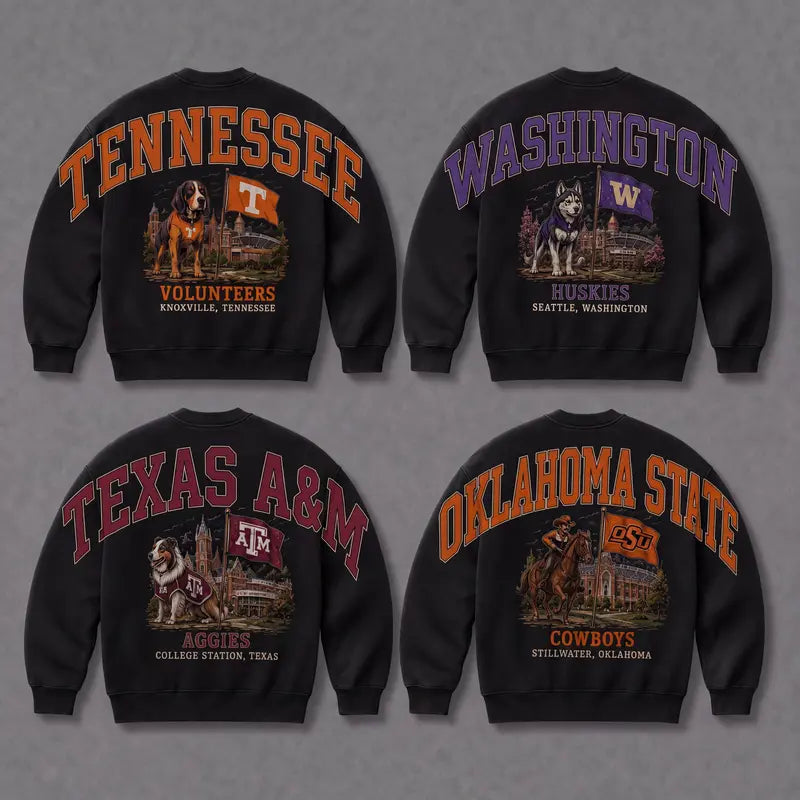 Vintage College Mascot Shoulder Back Print Sweatshirt | Black Retro Varsity Crewneck