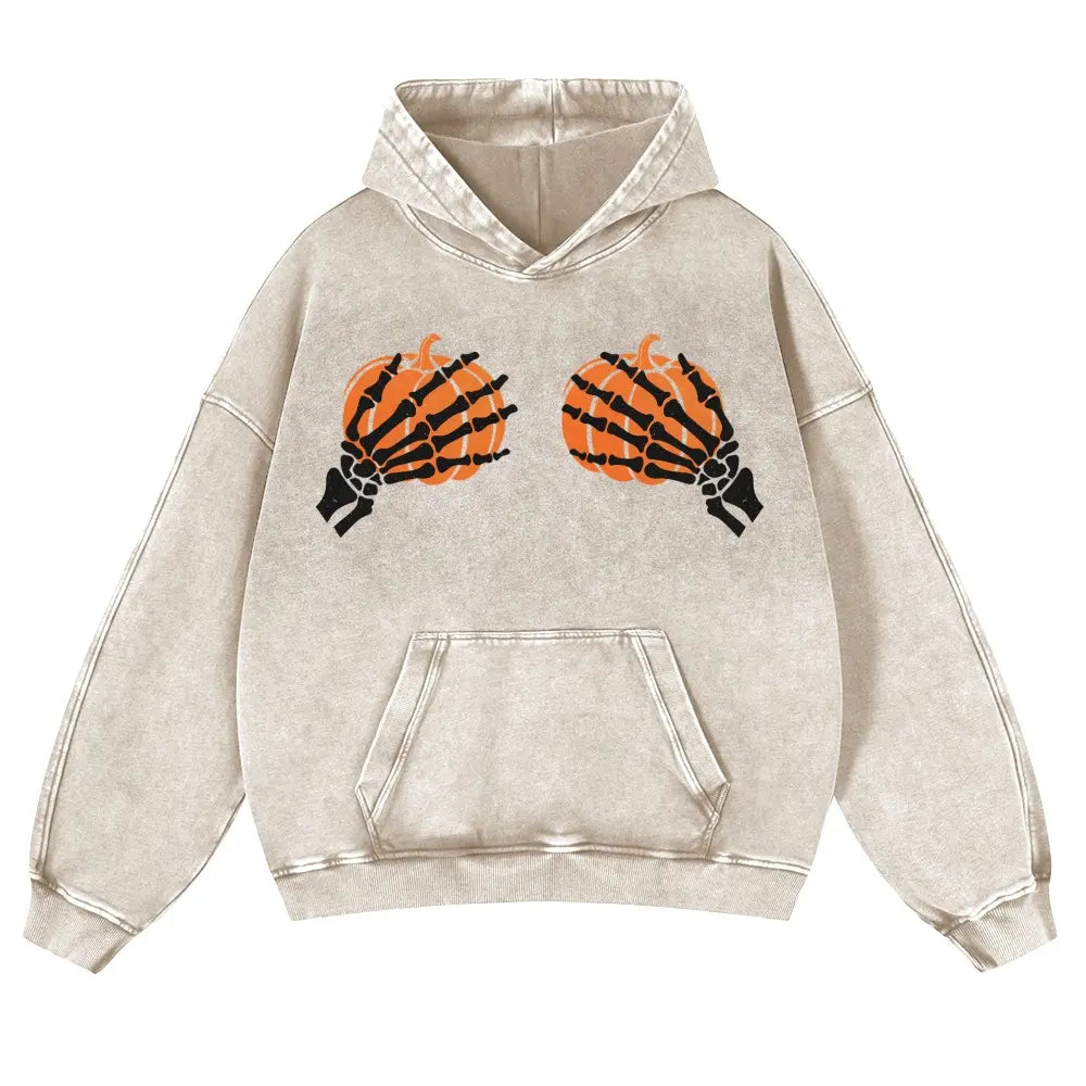 Skeleton Hands Holding Pumpkins Gothic Hoodie β Playful Meme Halloween Aesthetic Washed Pullover