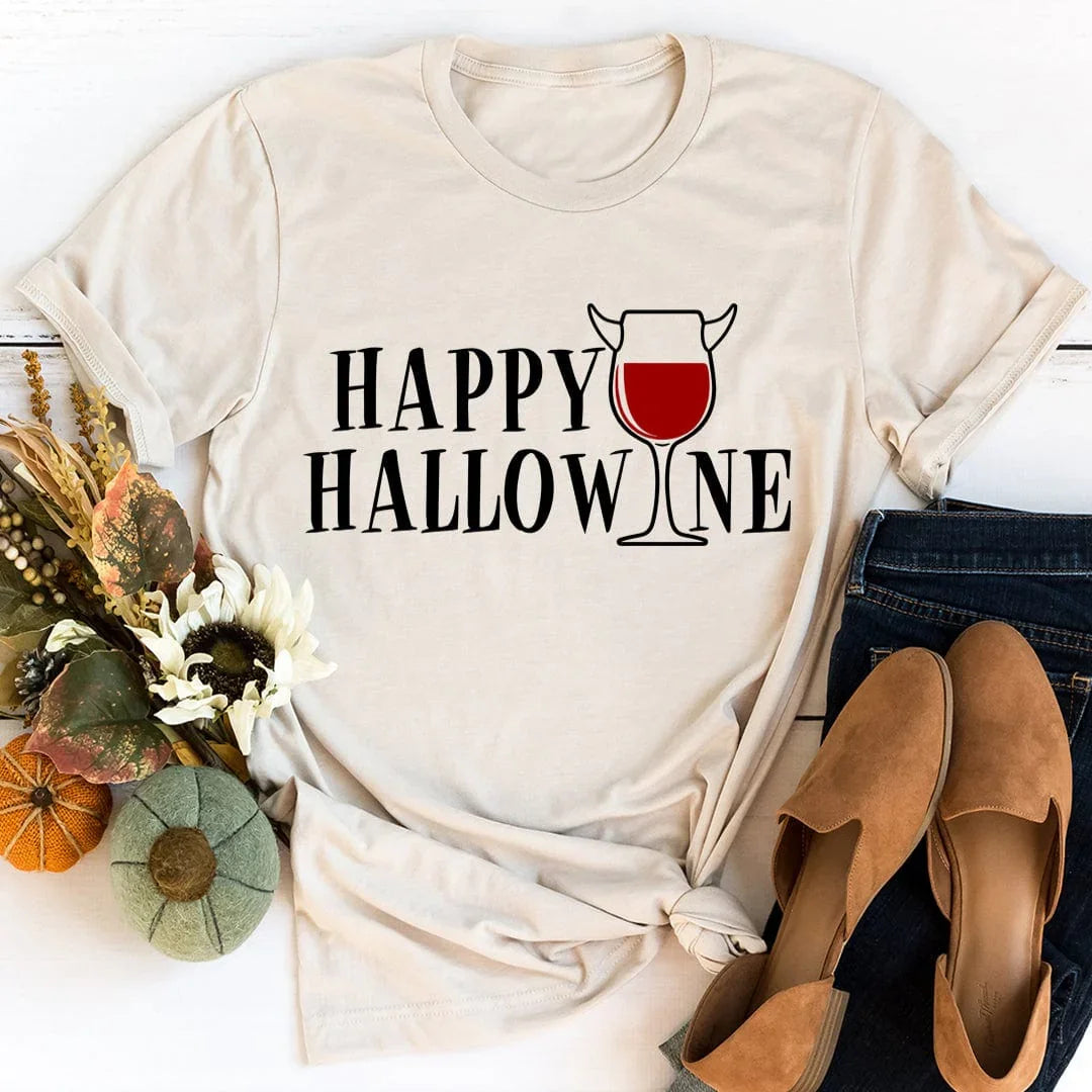 \"Happy Hallowine\" – Halloween Wine Humor Graphic Tee