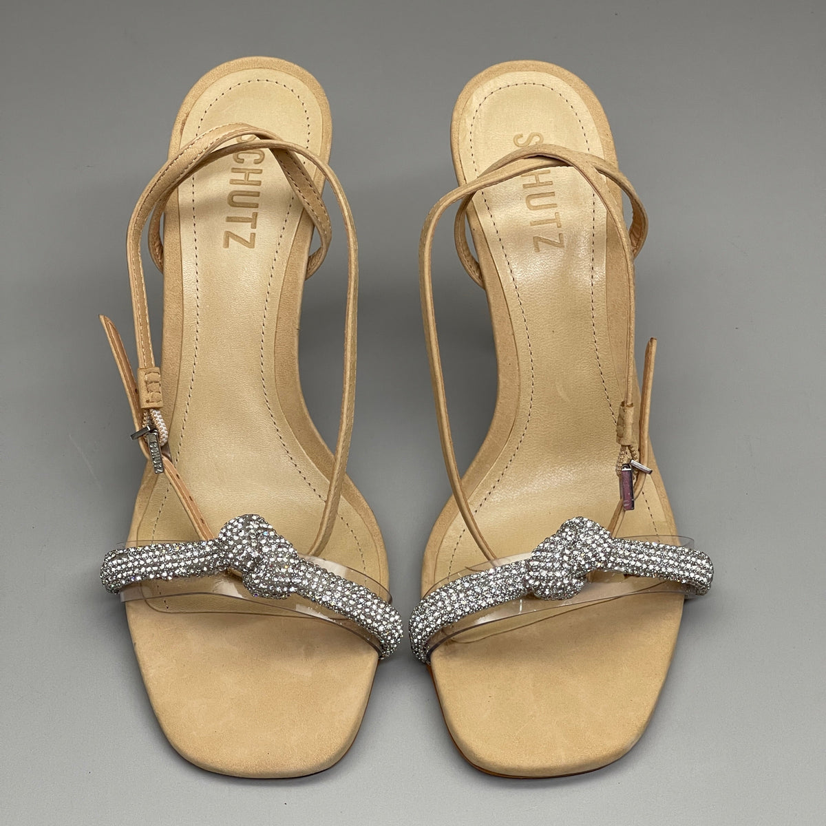 SCHUTZ Peaky Nubuck & Vinyl Multimaterial Women's Sandal Heel Light Nude Sz 9.5B (New)