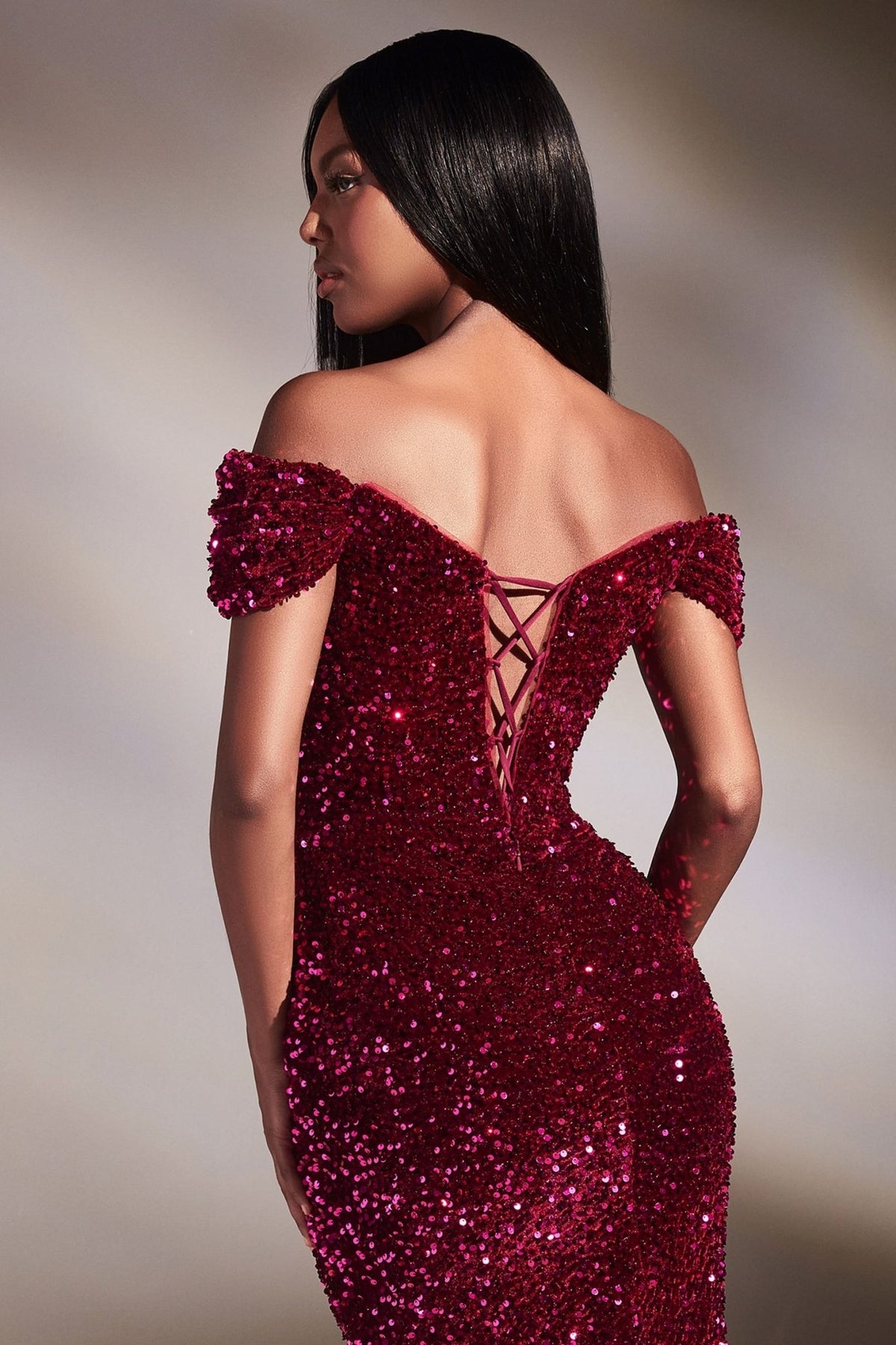 Red | Off-Shoulder Sequin Slit Gown – Sweetheart Neckline Formal Dress CDCA109-2