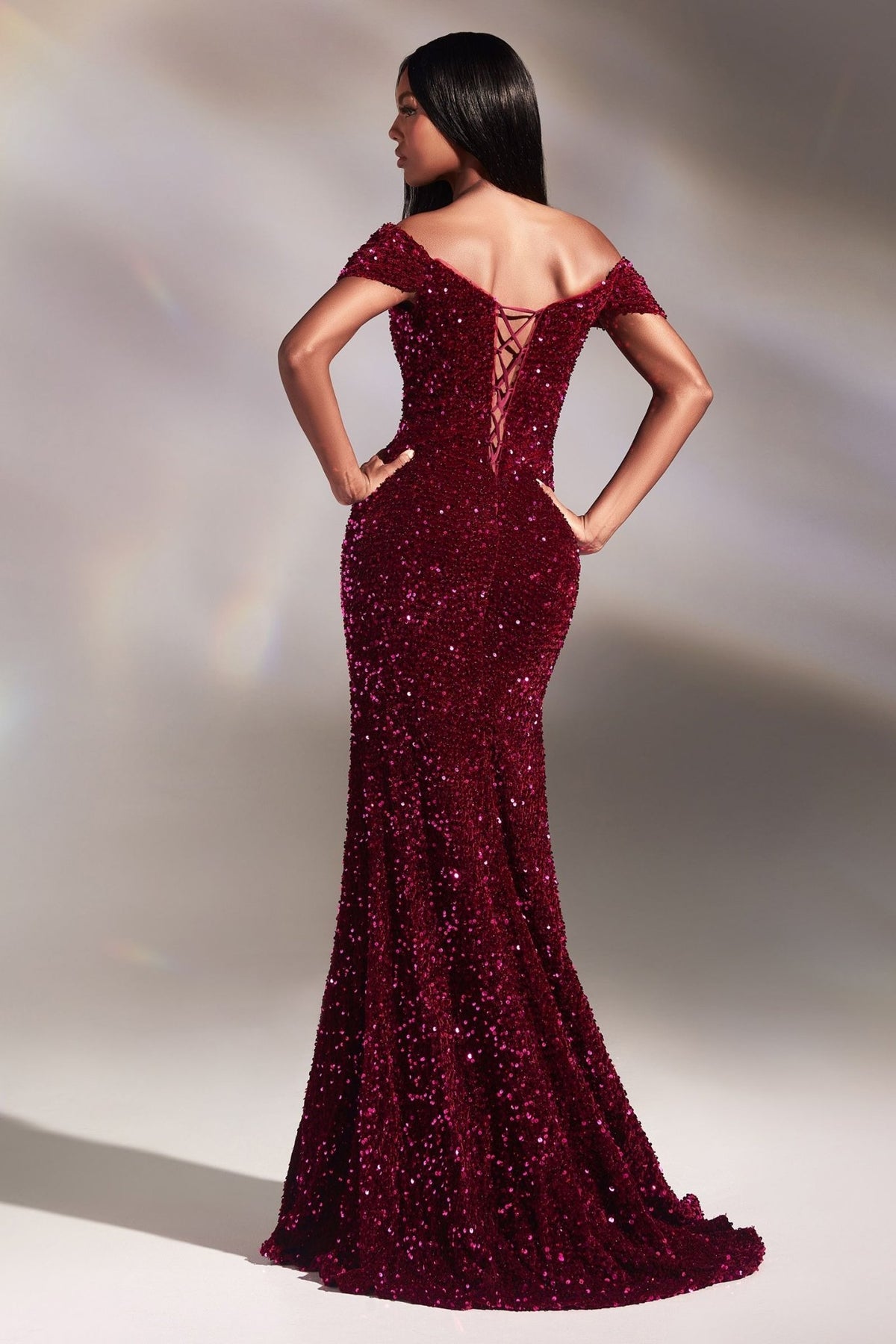 Red | Off-Shoulder Sequin Slit Gown – Sweetheart Neckline Formal Dress CDCA109-1