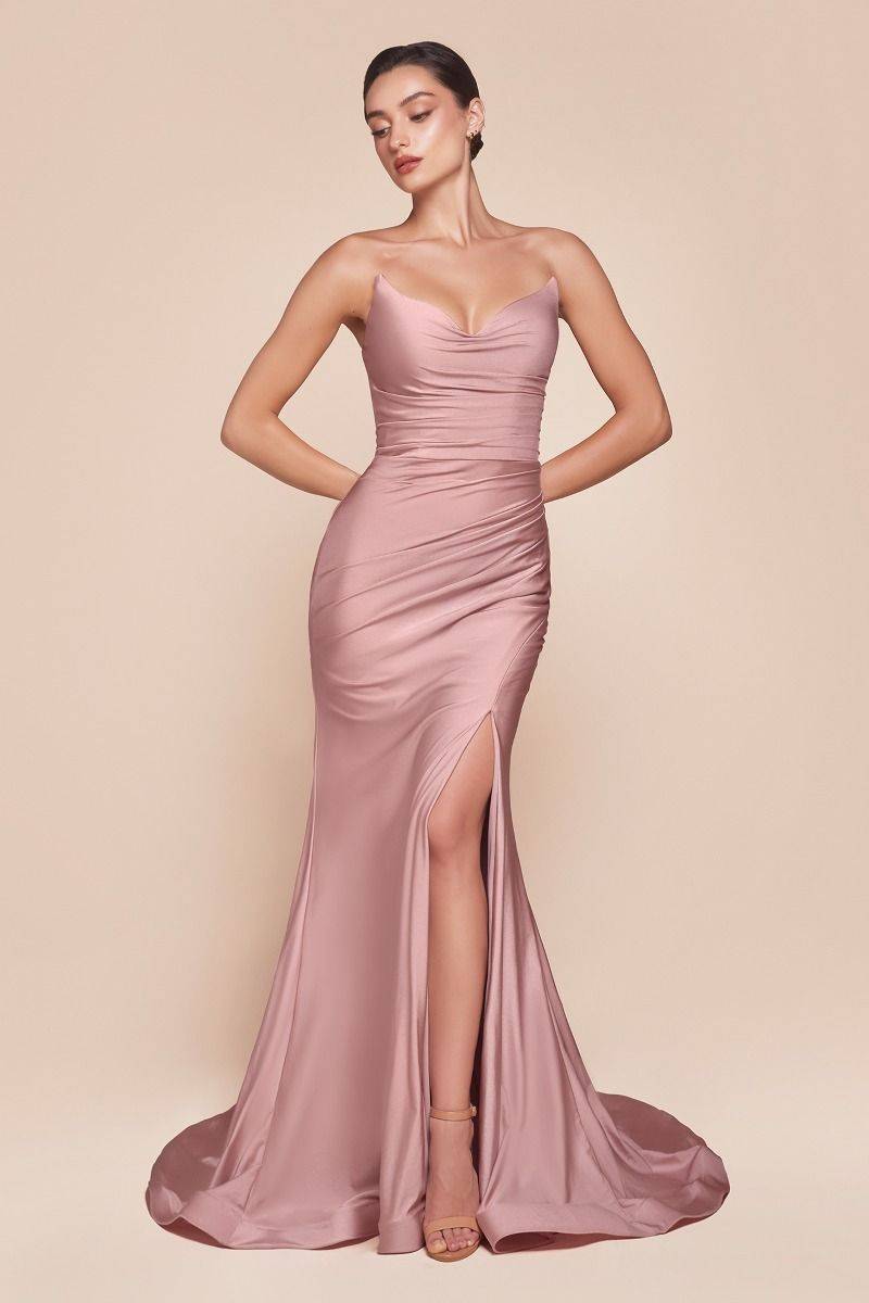 STRAPLESS STRETCH SATIN FITTED GOWN CDCD791-8