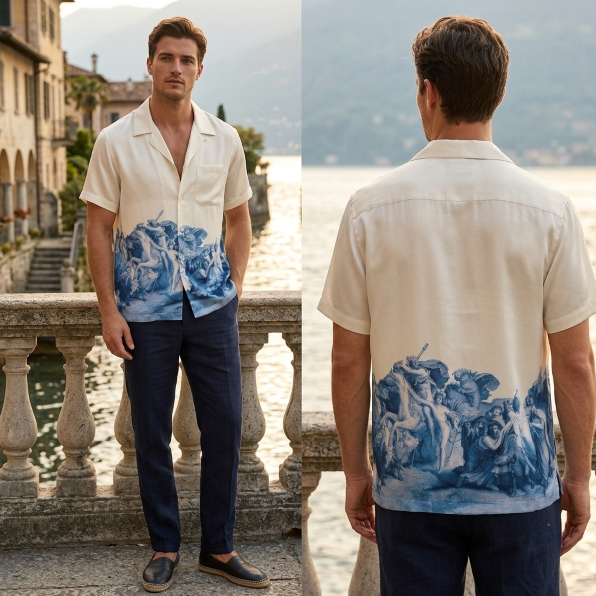 Vintage Greek Mythology Oil Painting Silk Hawaiian Camp Collar Shirt